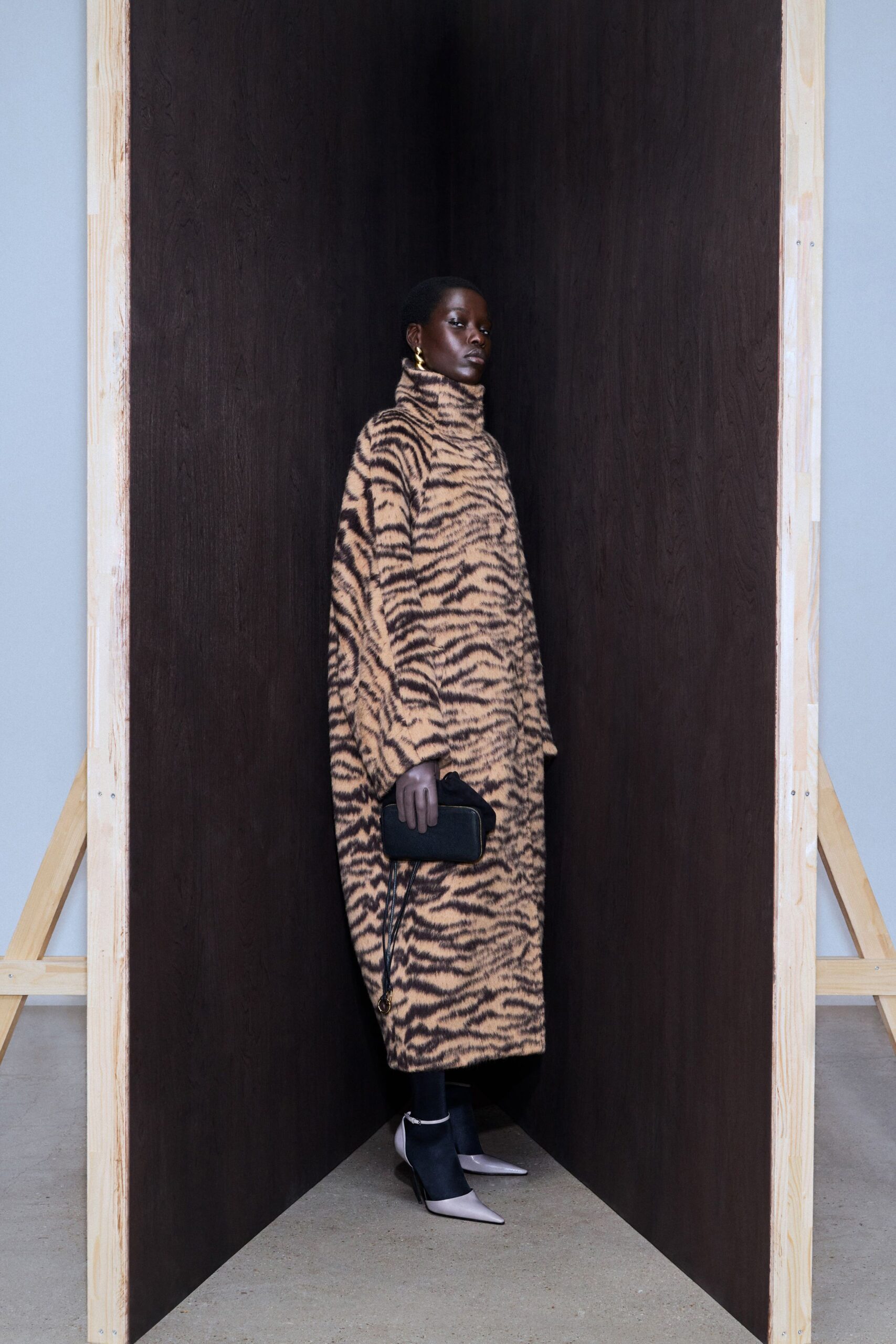 brown fur long-sleeve high-neck relaxed animal-print midi coat