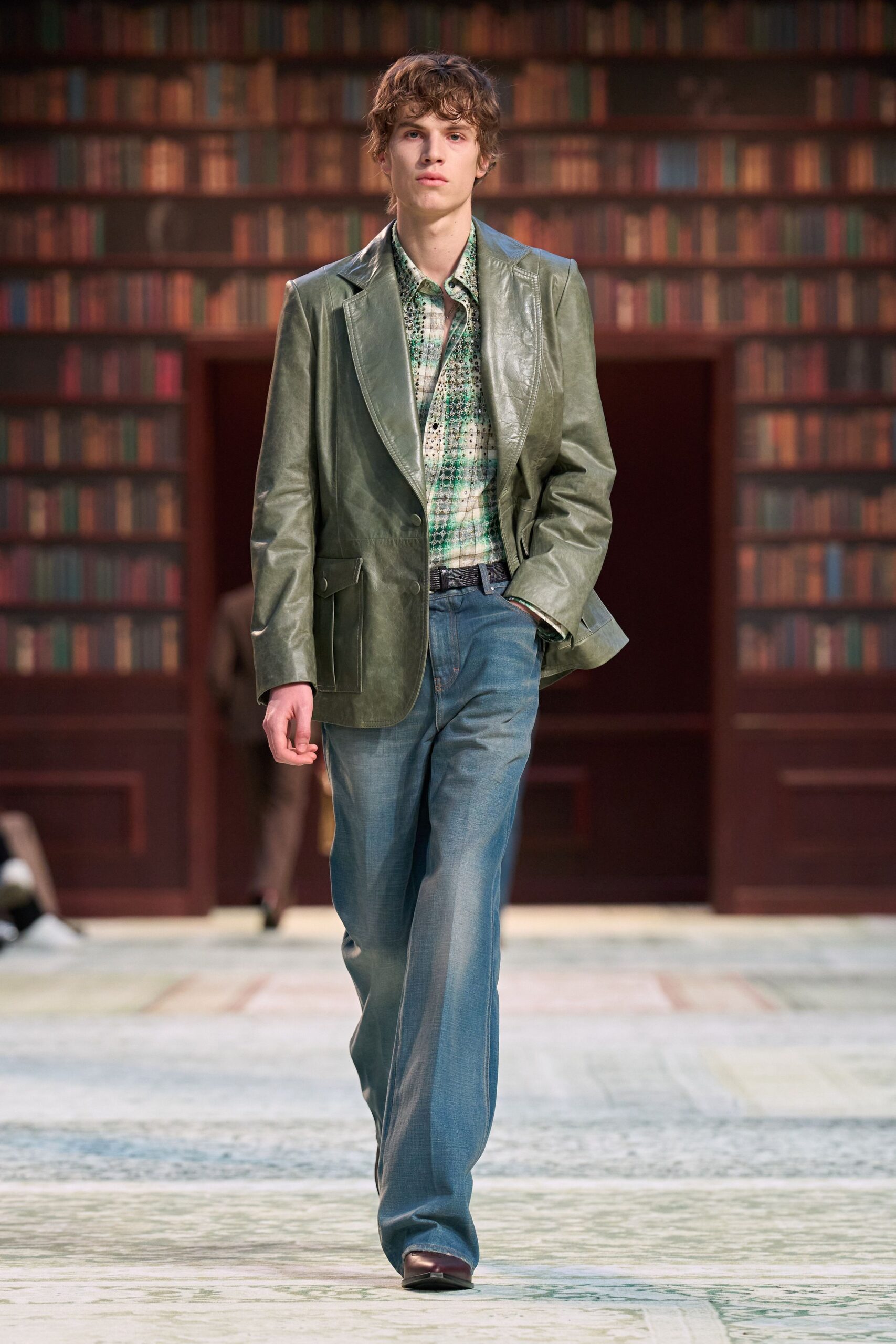 green leather jacket with multi shirt