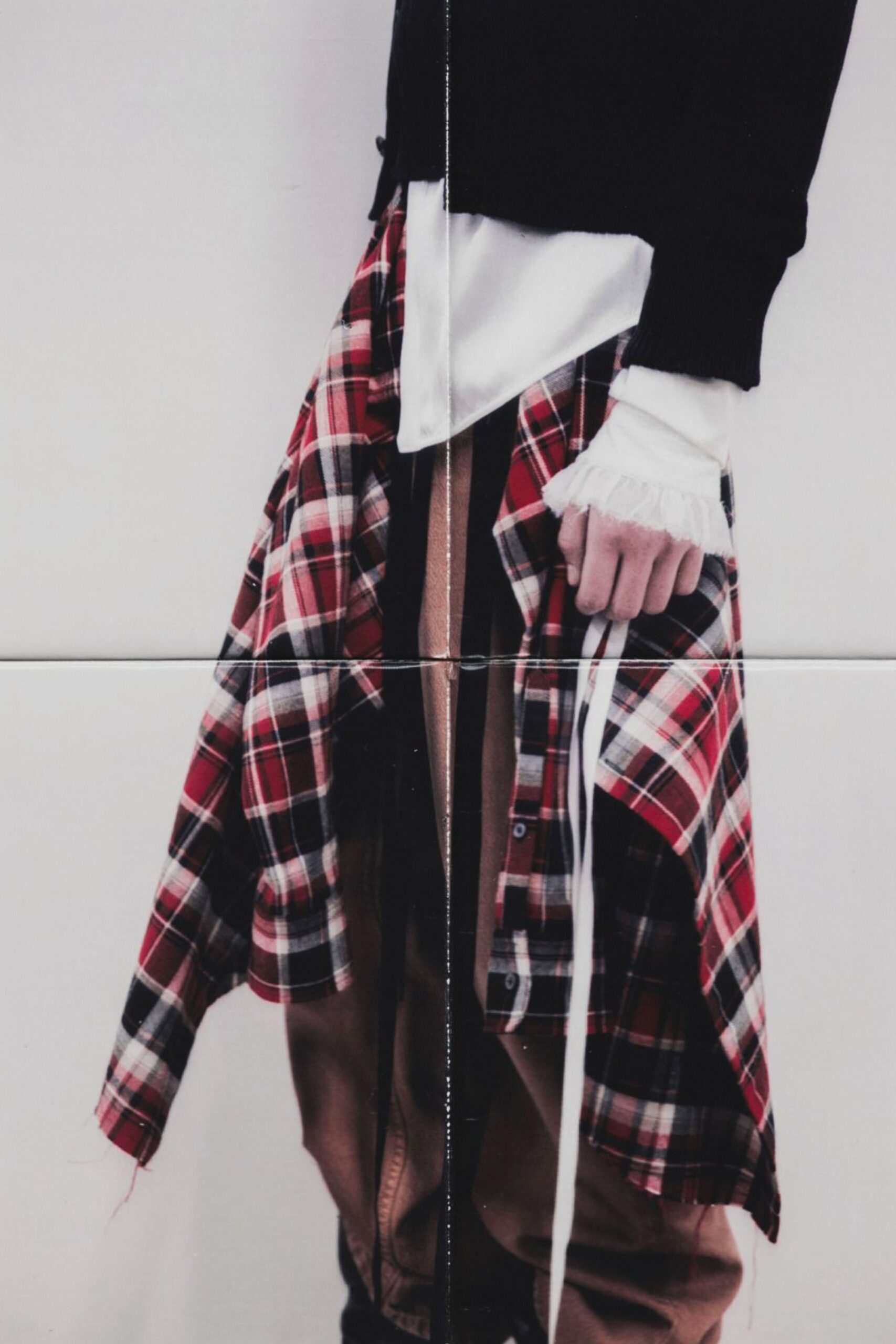 red long-sleeve collared relaxed checked jacket