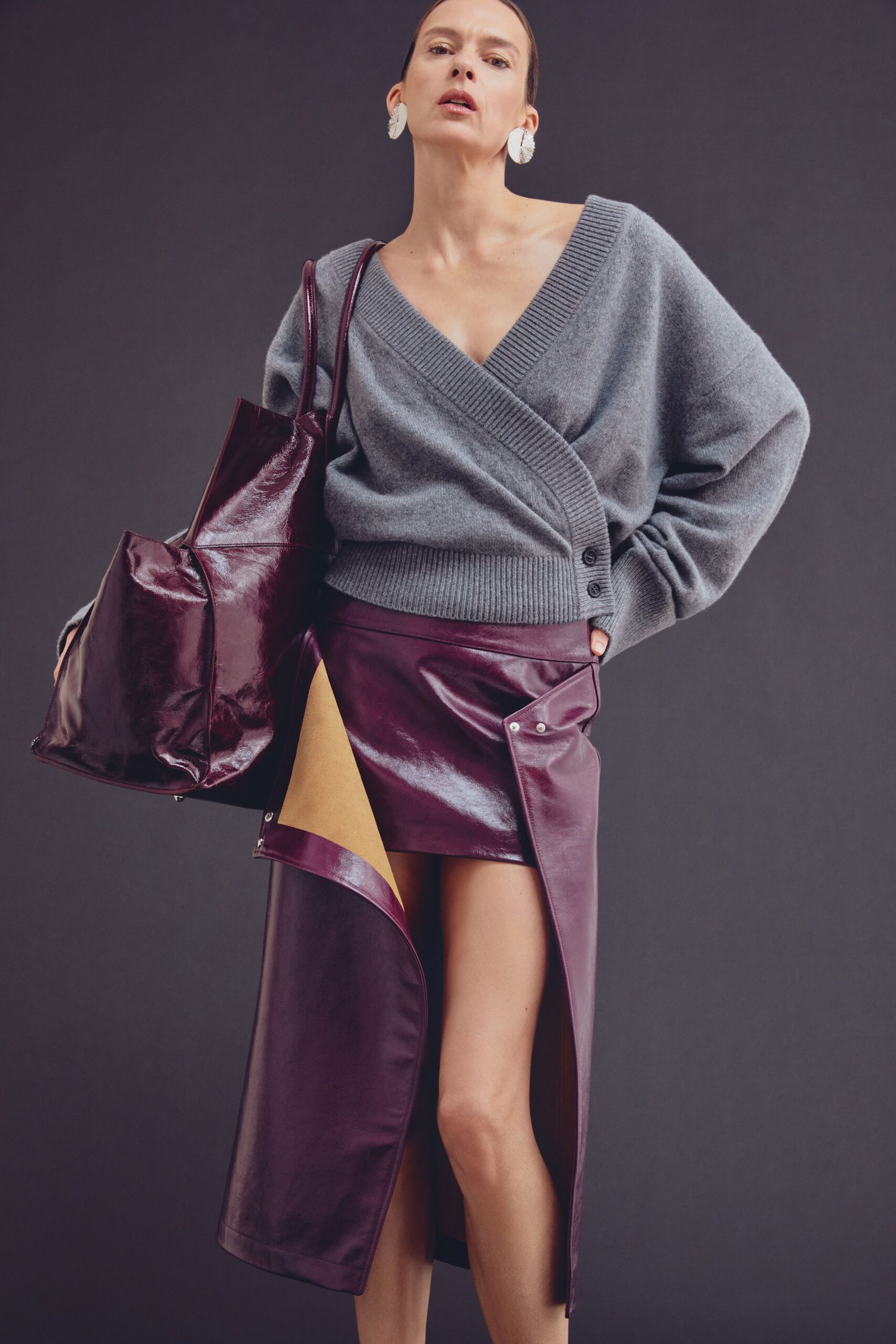 purple leather asymmetric fitted zippered skirt