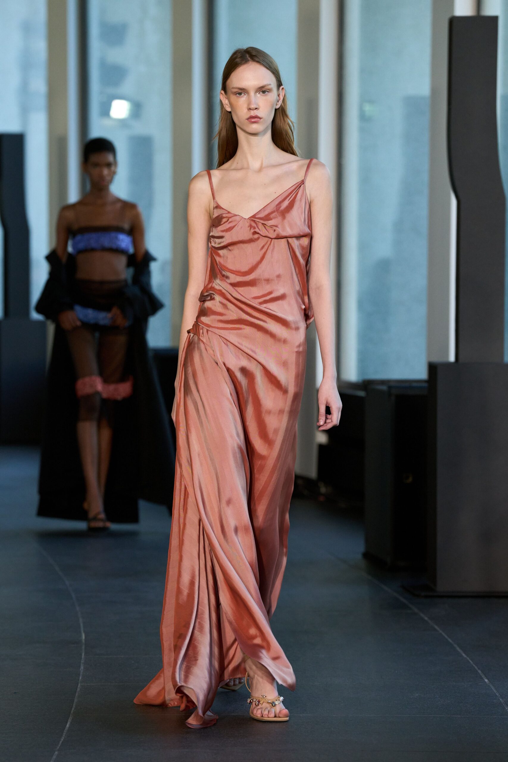 pink silk fitted gown