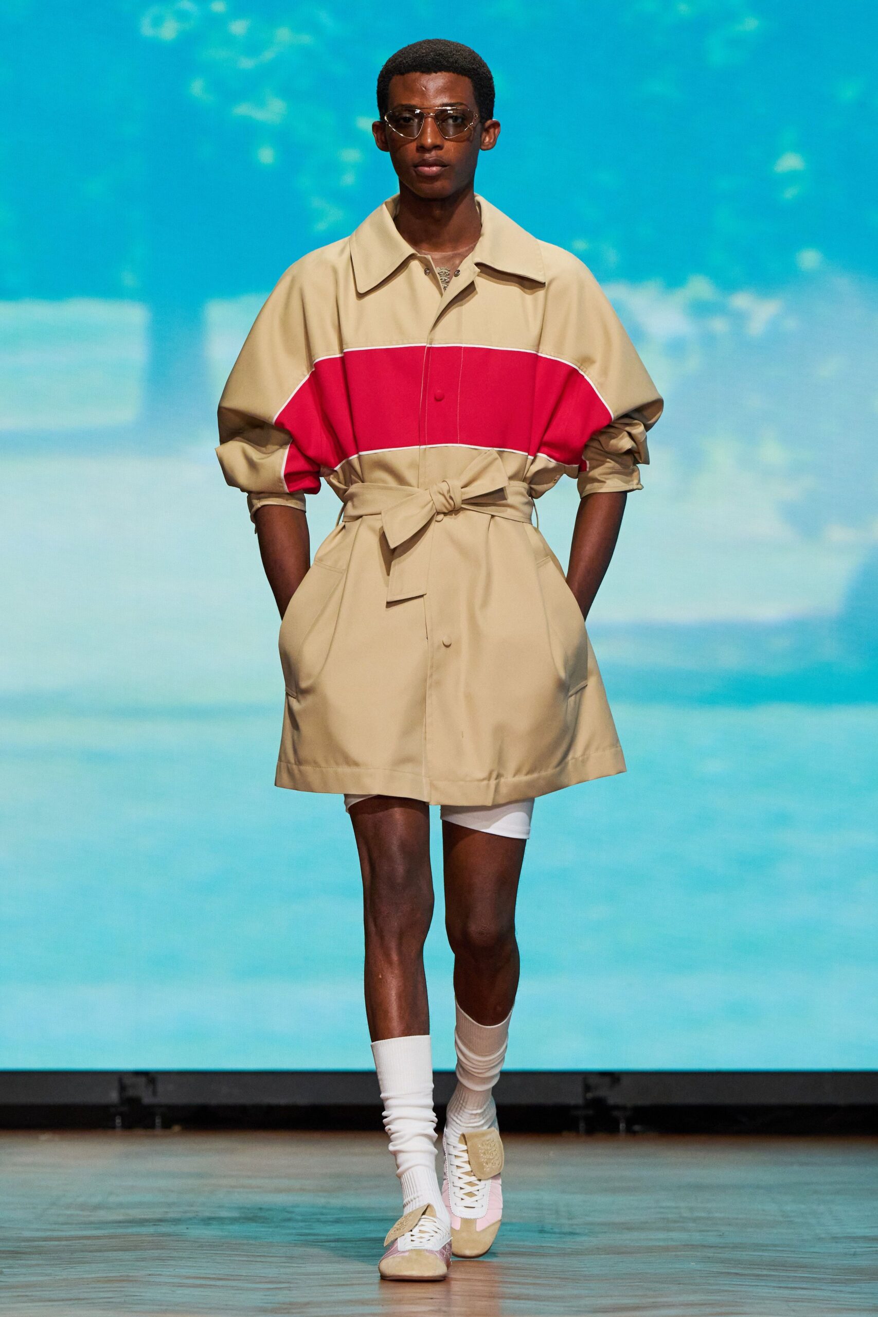 beige cotton long-sleeve collared relaxed color-blocked belted coat