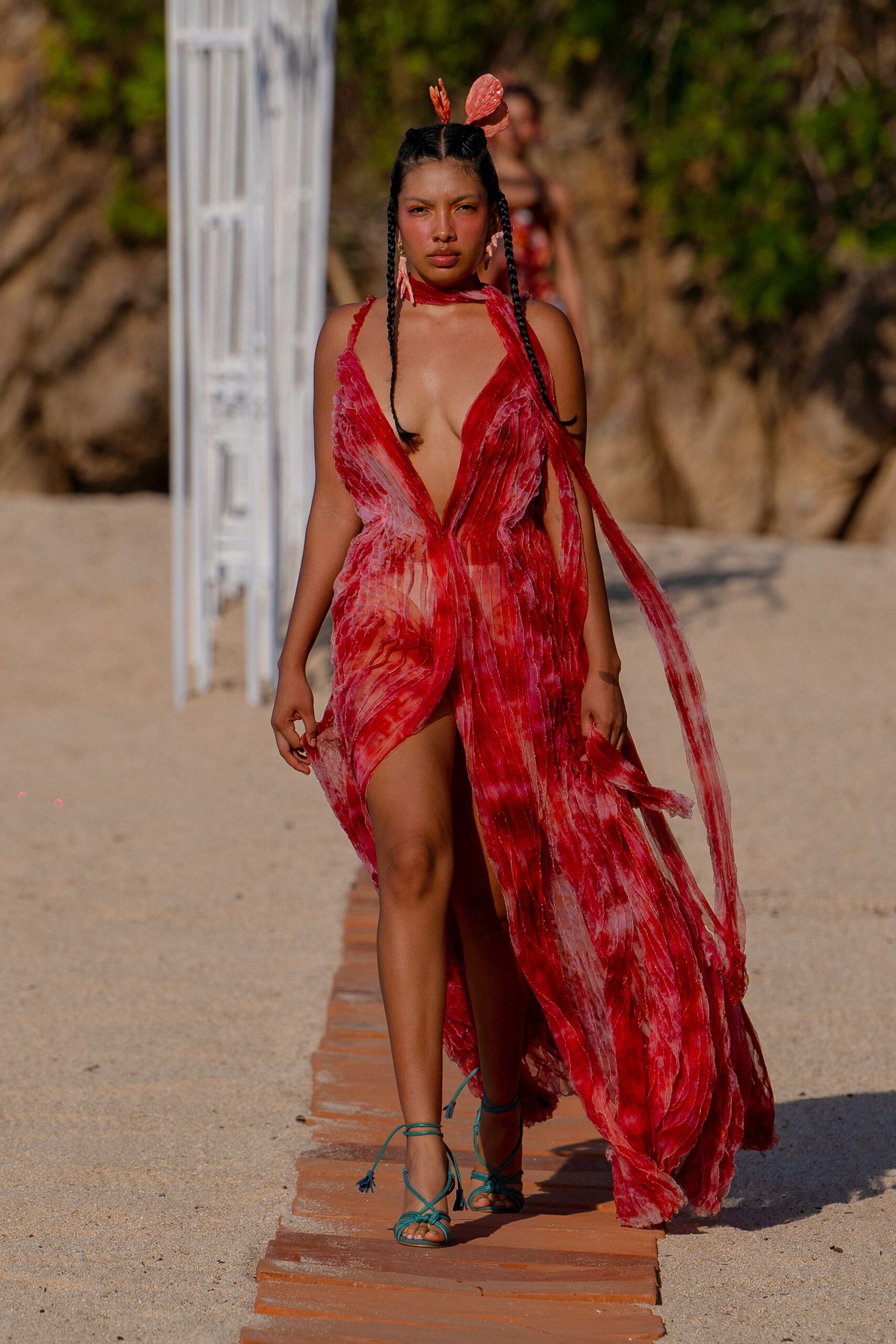 red chiffon sleeveless v-neck fitted draped tiered gown