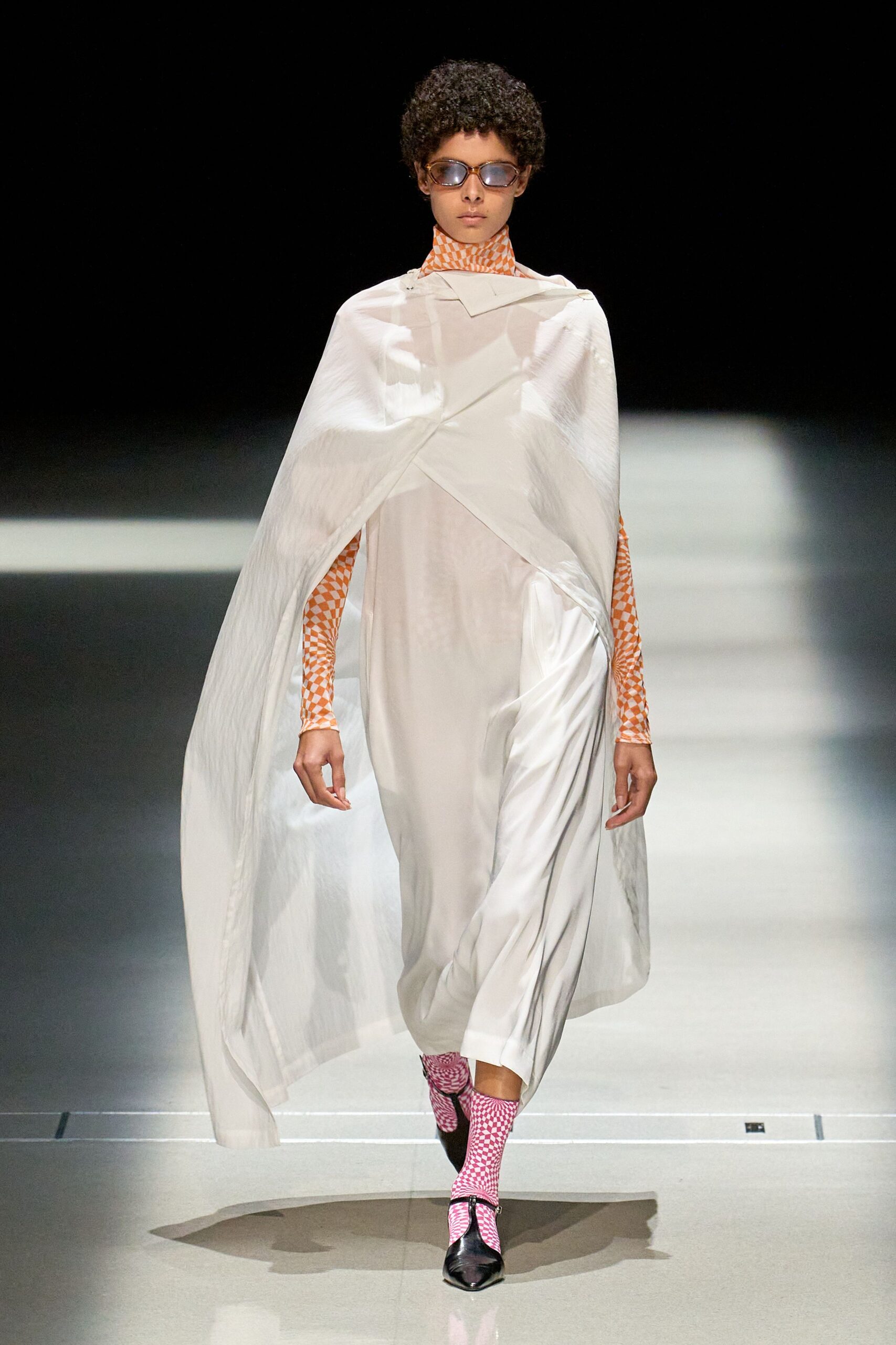white draped maxi dress with orange top