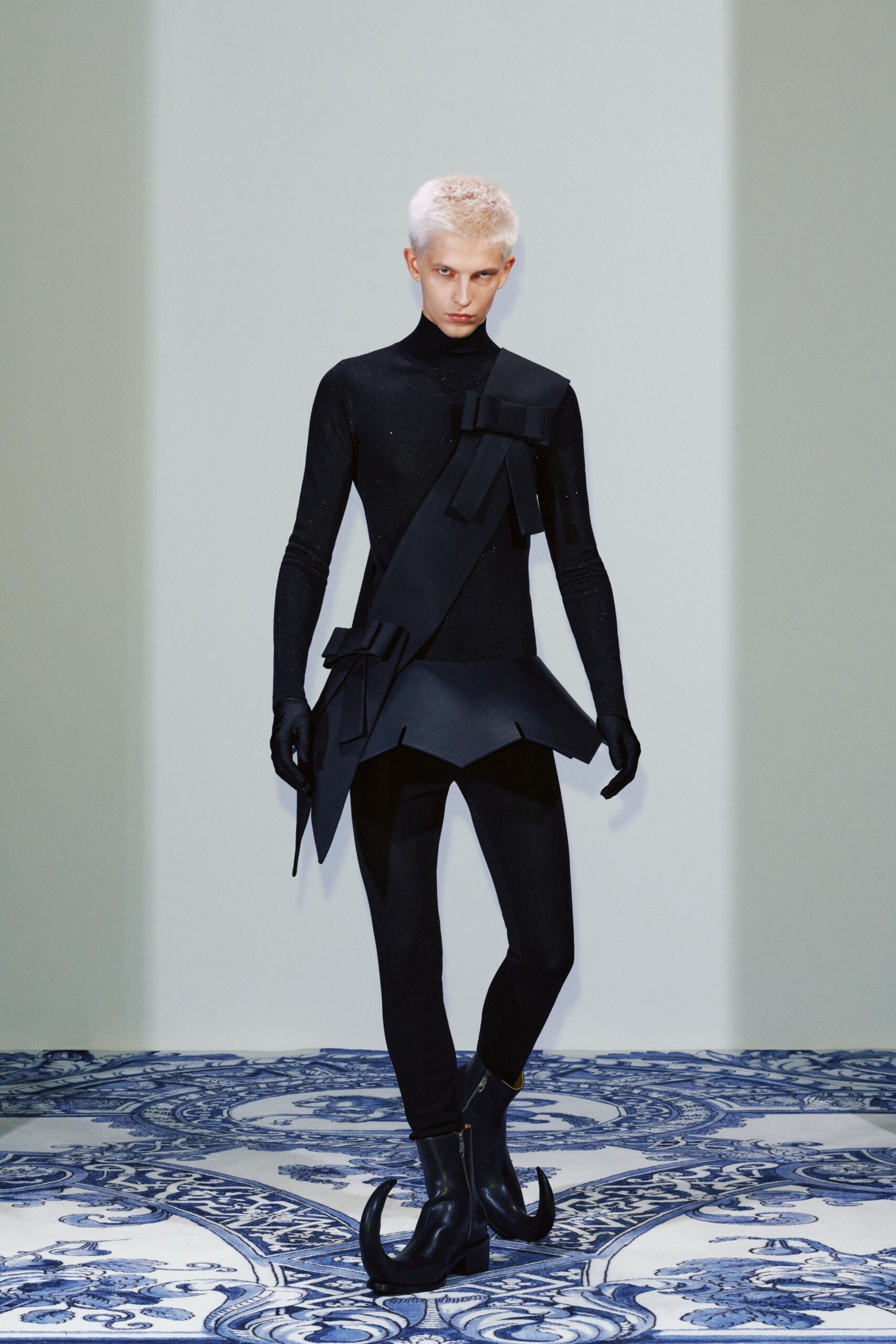 black silk long-sleeve high-neck fitted draped shiny catsuit