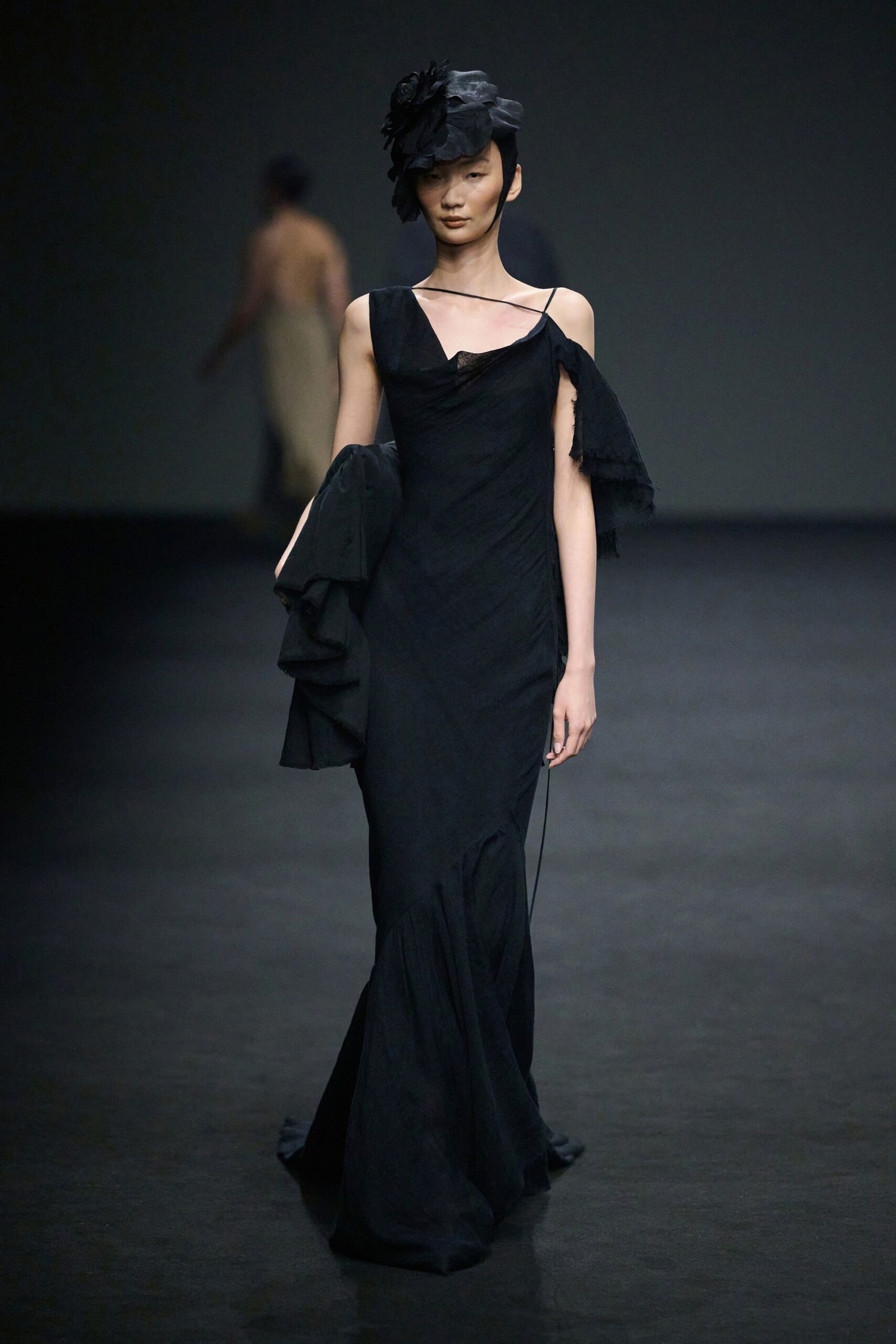 black silk off-shoulder gown with hat