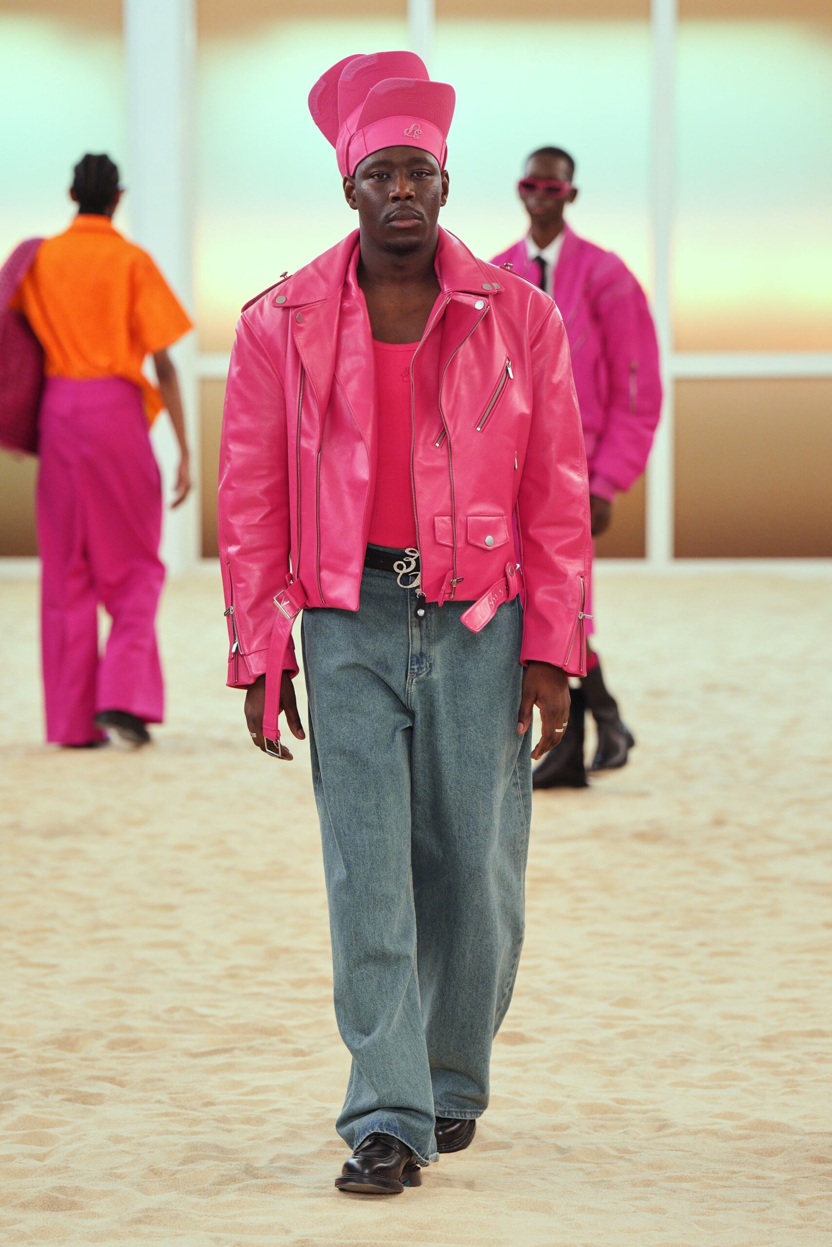 pink leather long-sleeve collared fitted zippered jacket