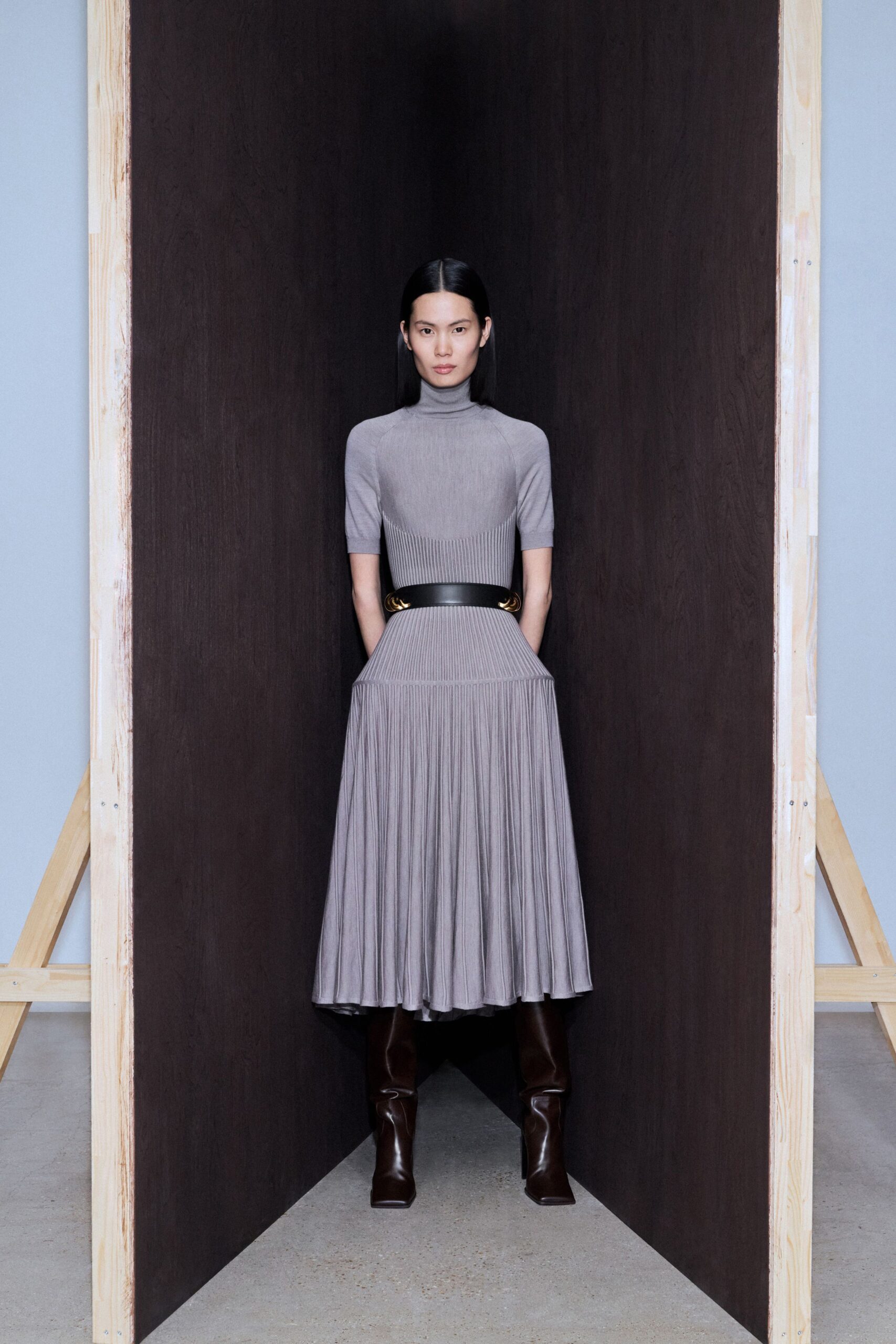 gray knit short-sleeve turtleneck fitted pleated midi dress