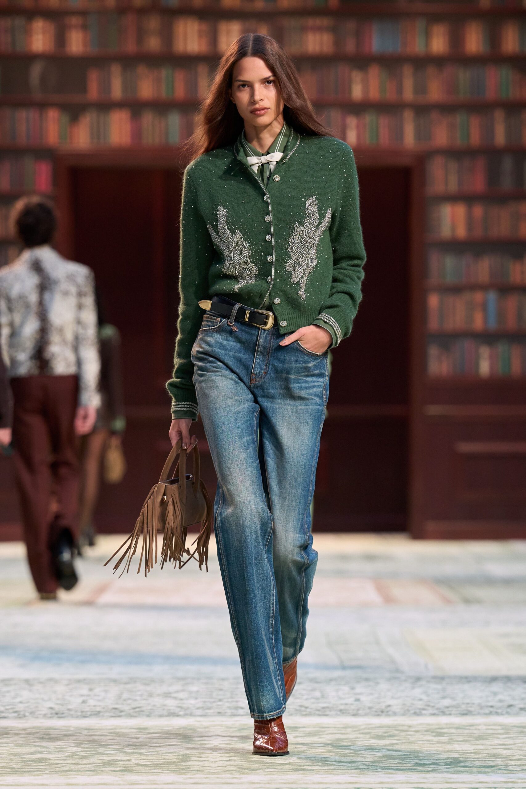 green wool cardigan with jeans