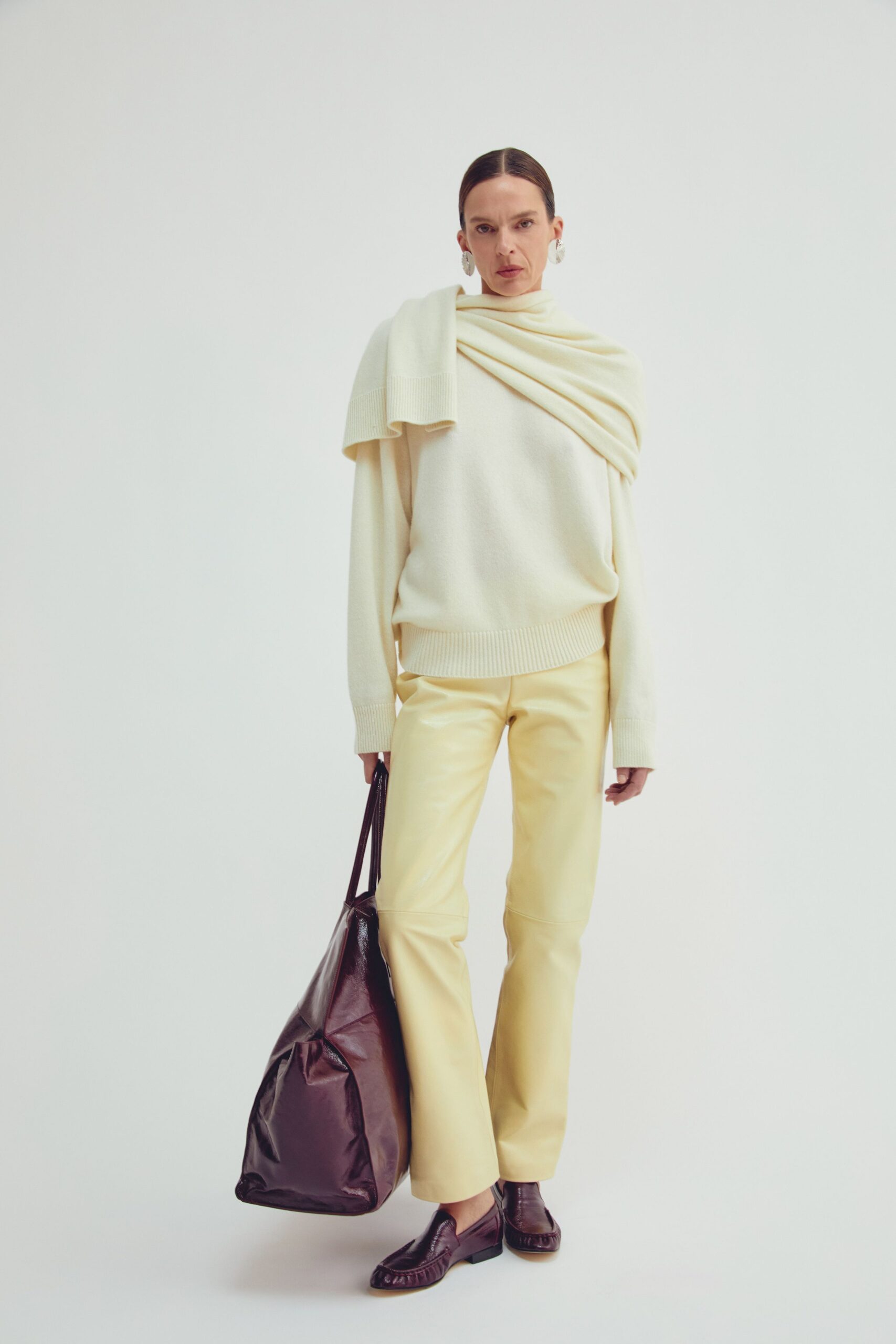 yellow leather fitted high-waisted flared pants