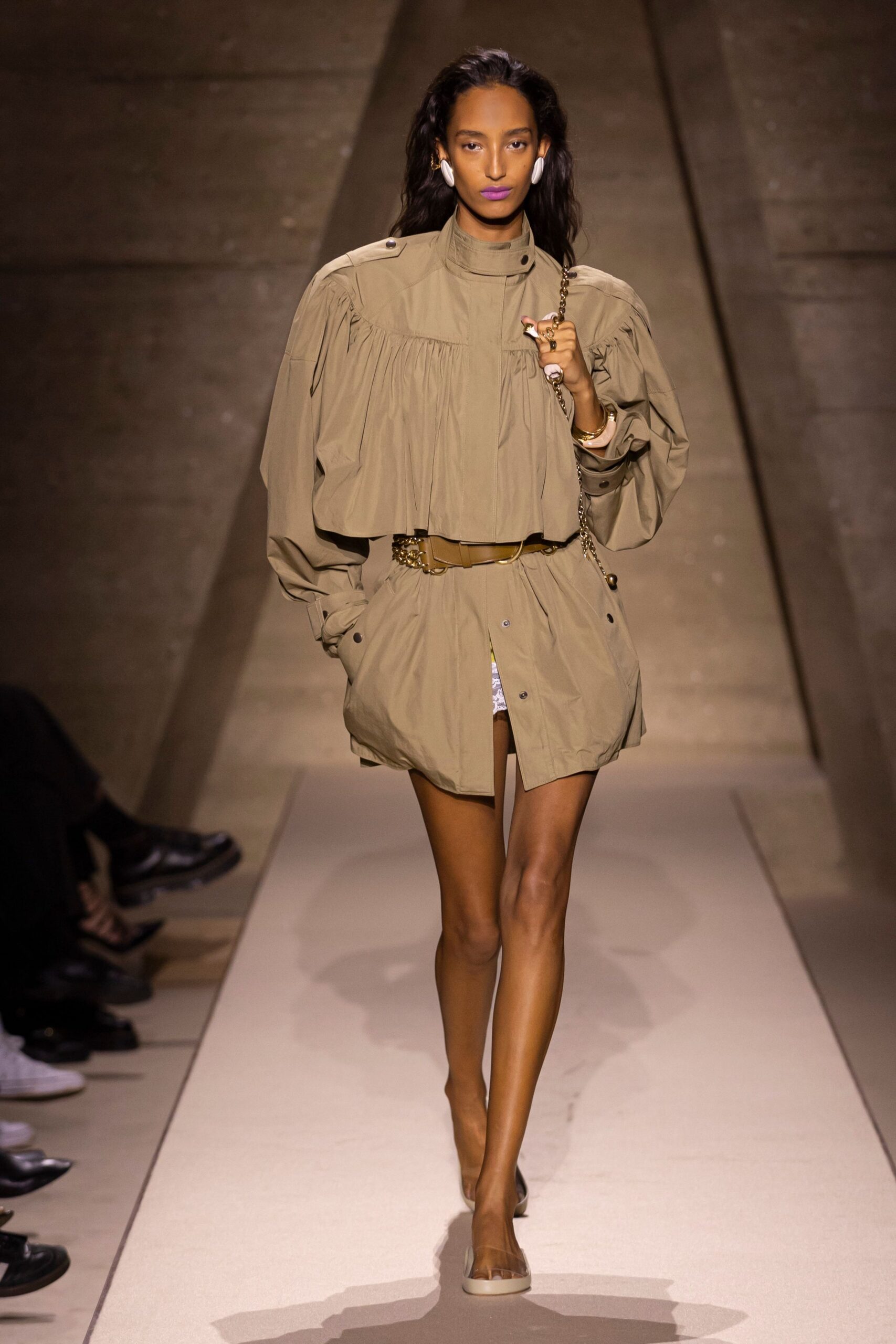 beige cotton long-sleeve collared relaxed pleated buttoned dress