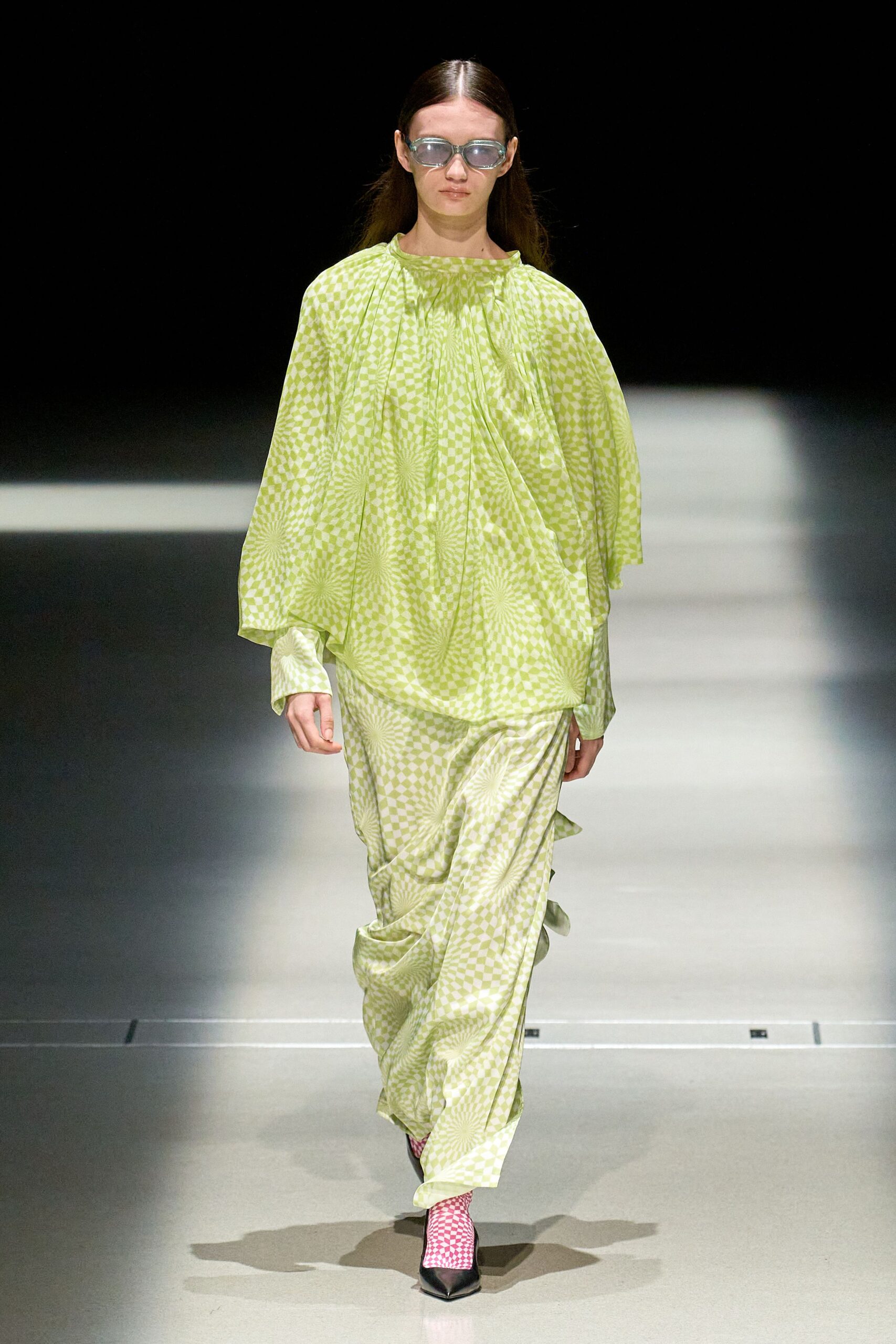 green cotton long-sleeve high-neck relaxed pleated draped dress