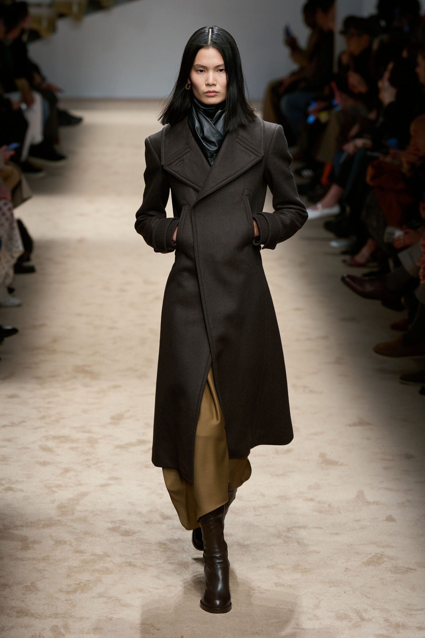 brown wool long-sleeve collared fitted zippered maxi coat