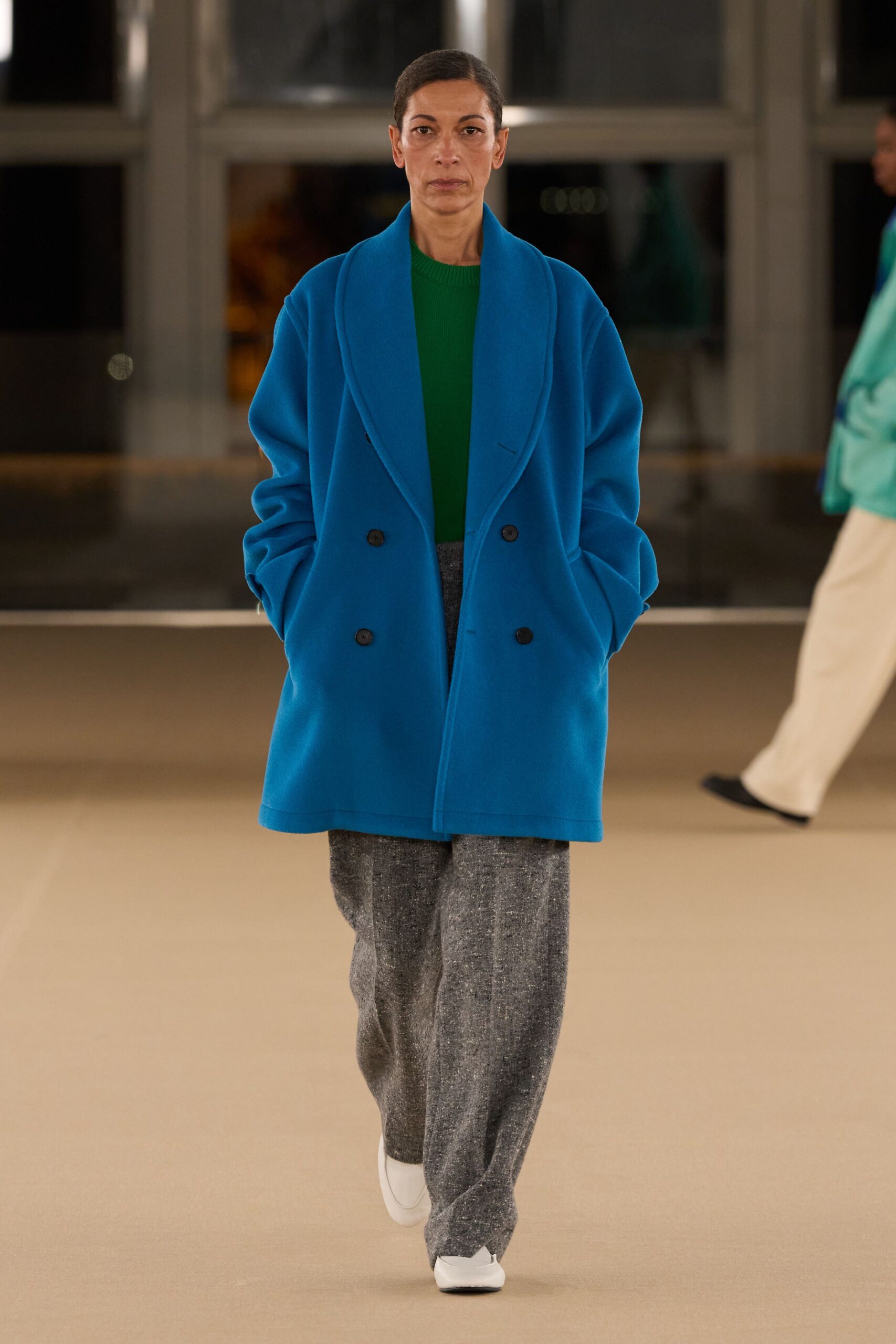 blue wool long-sleeve collared oversized coat