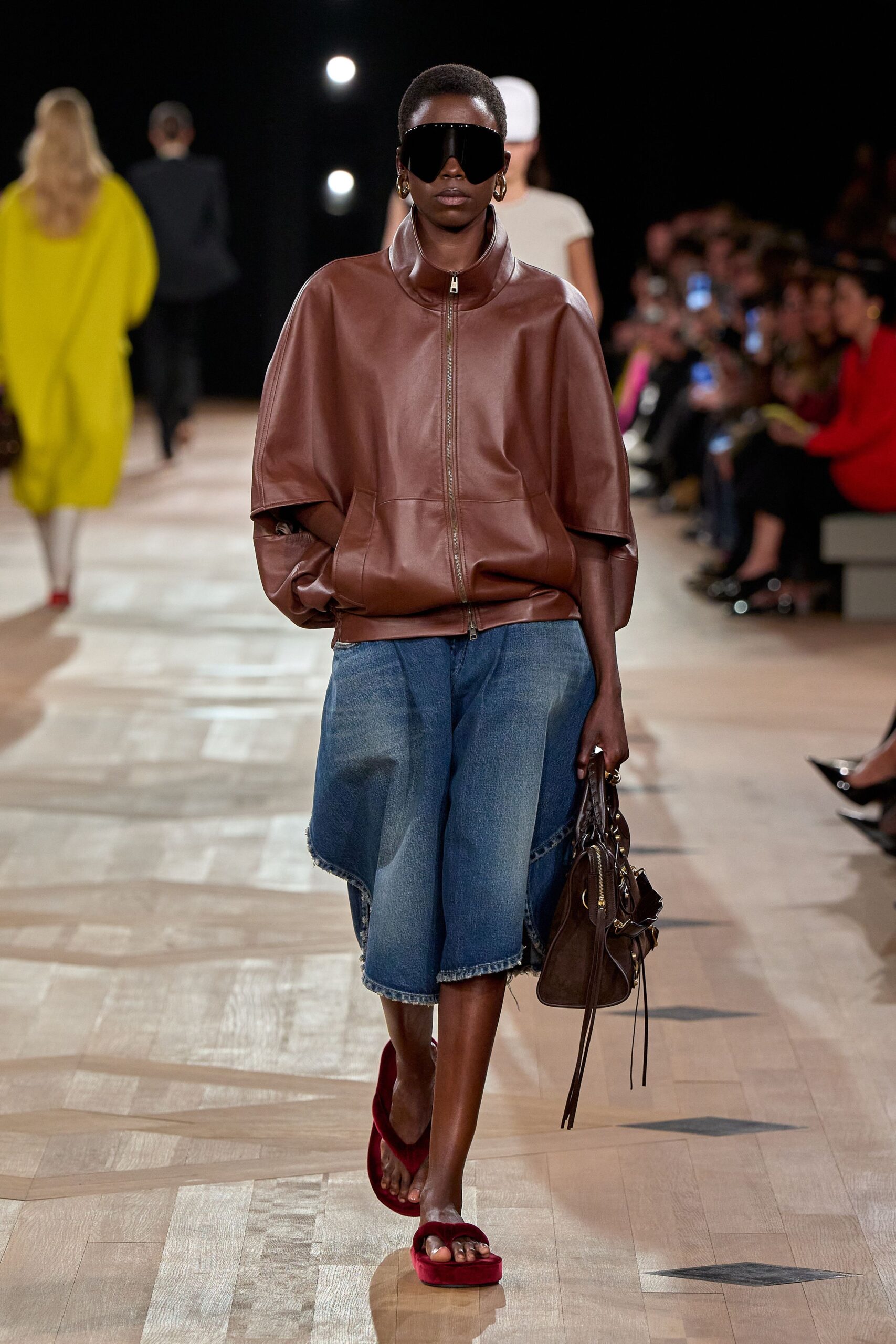 brown leather short-sleeve oversized zippered jacket