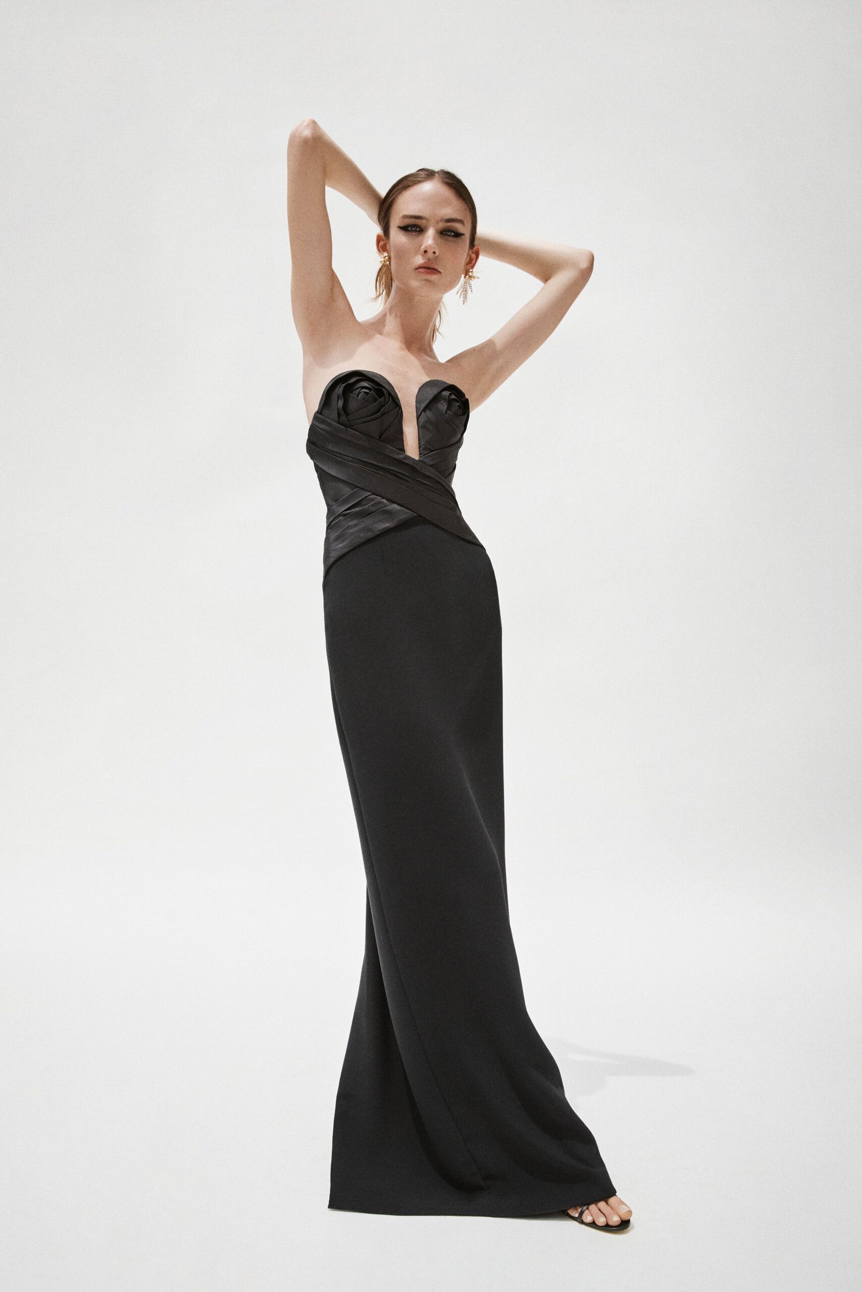 black silk strapless gown