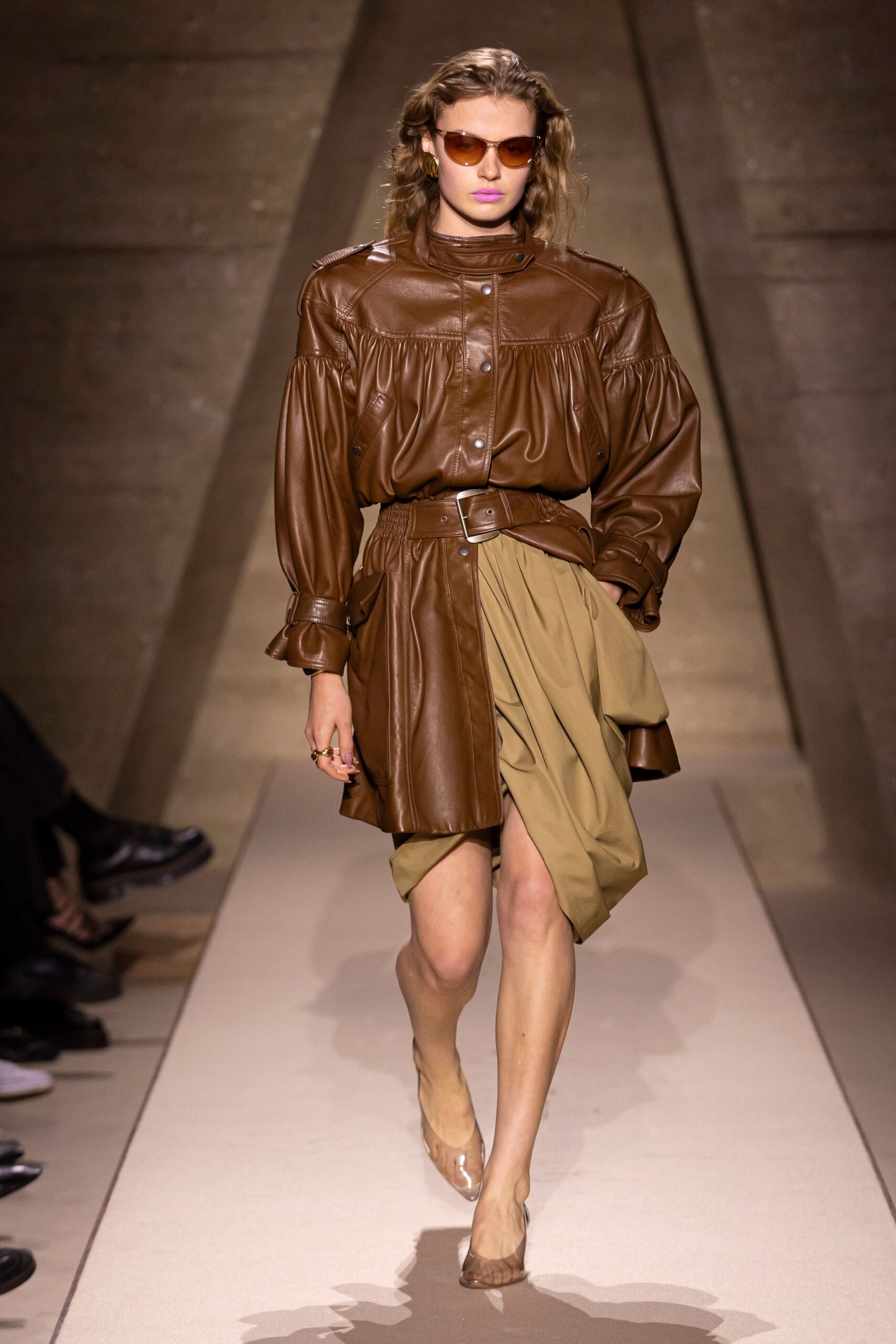 brown leather shirt-dress with beige skirt