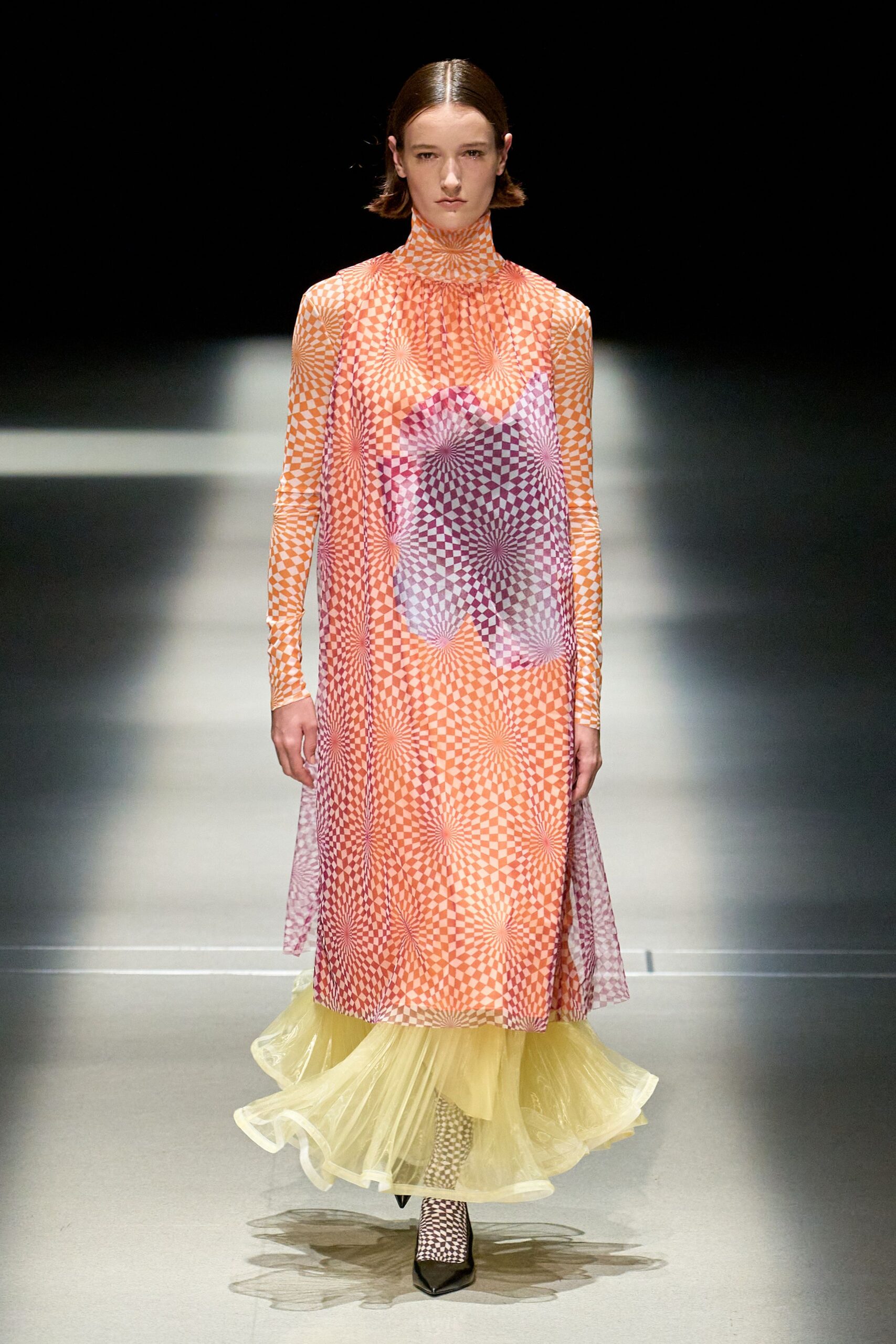 orange silk long-sleeve high-neck fitted printed layered dress