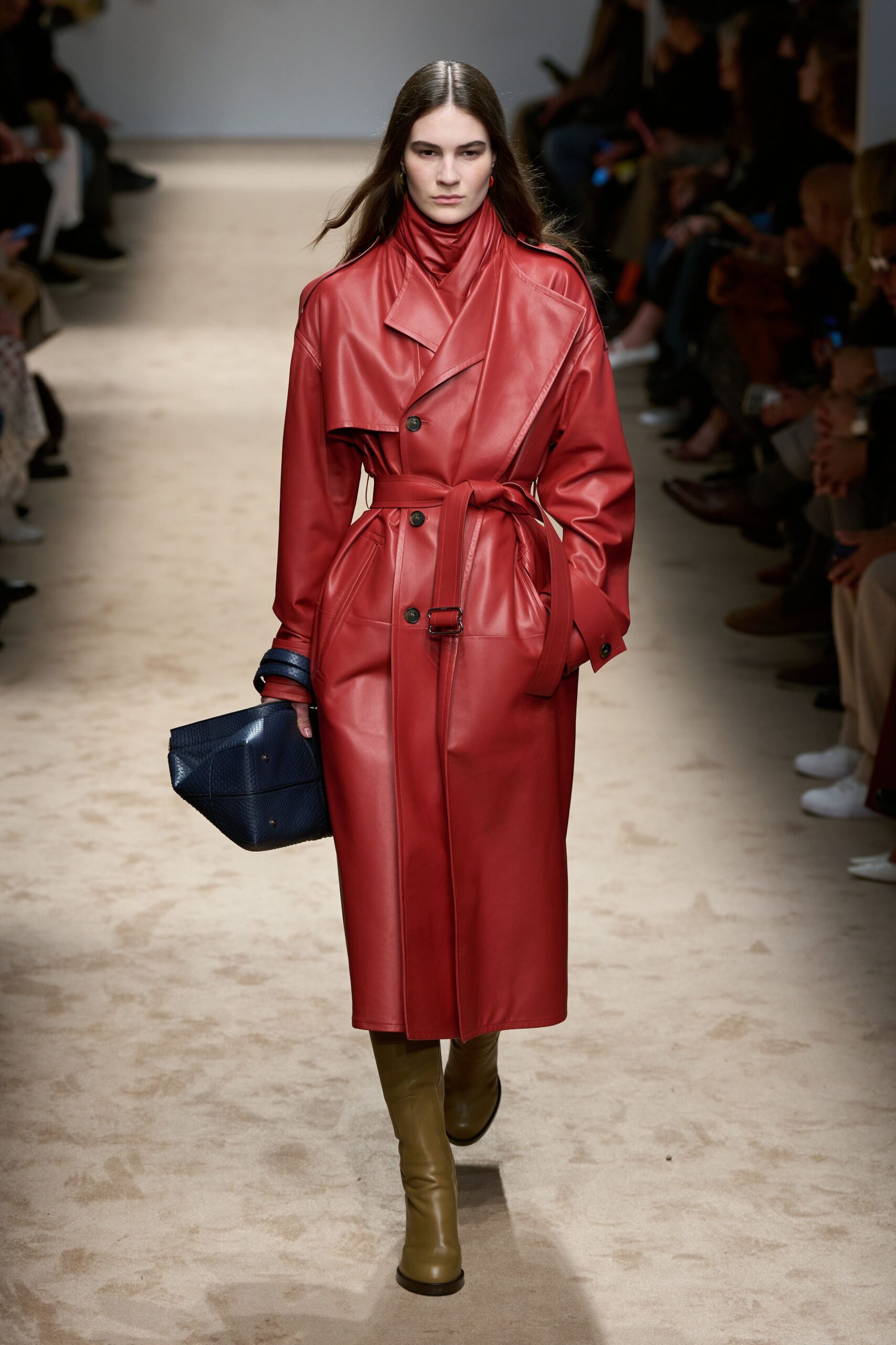 red leather long-sleeve collared fitted belted midi coat