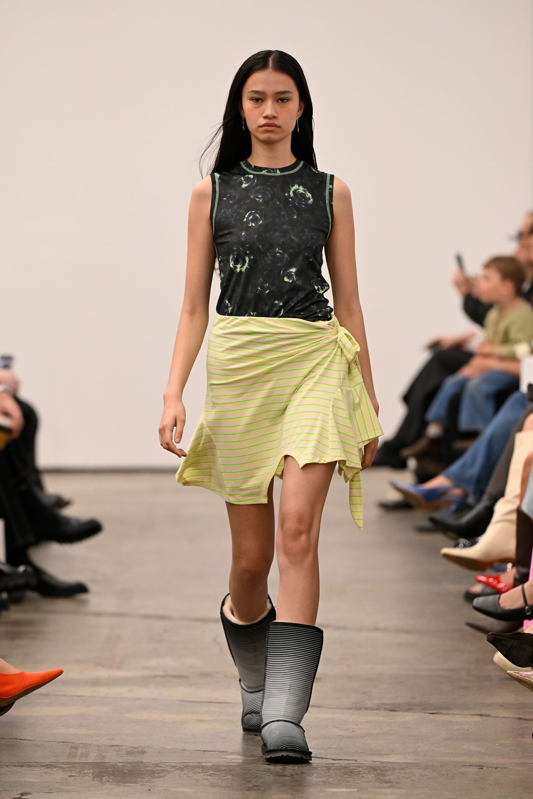 yellow cotton asymmetric relaxed striped mini skirt