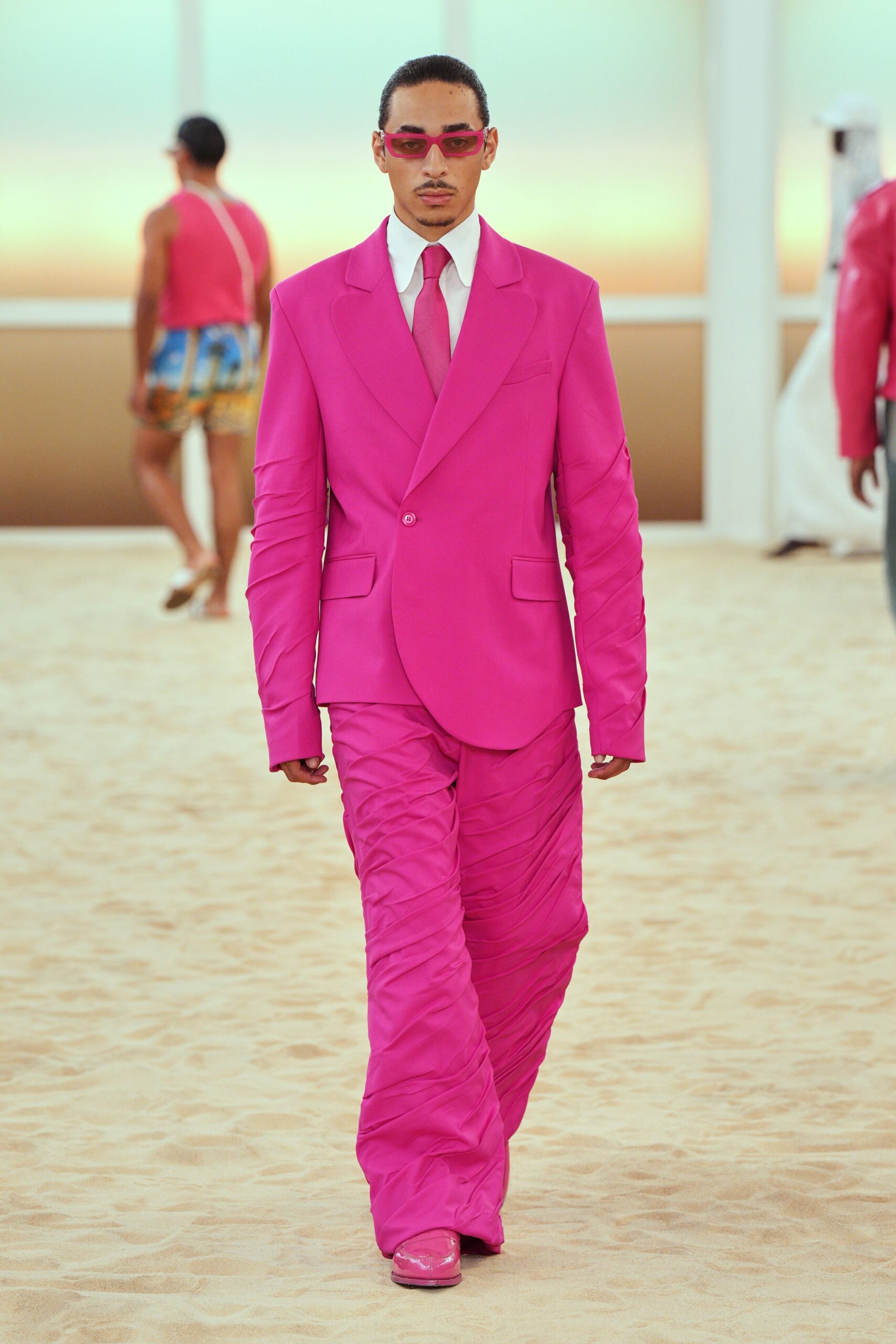 pink cotton long-sleeve collared fitted buttoned zippered suit