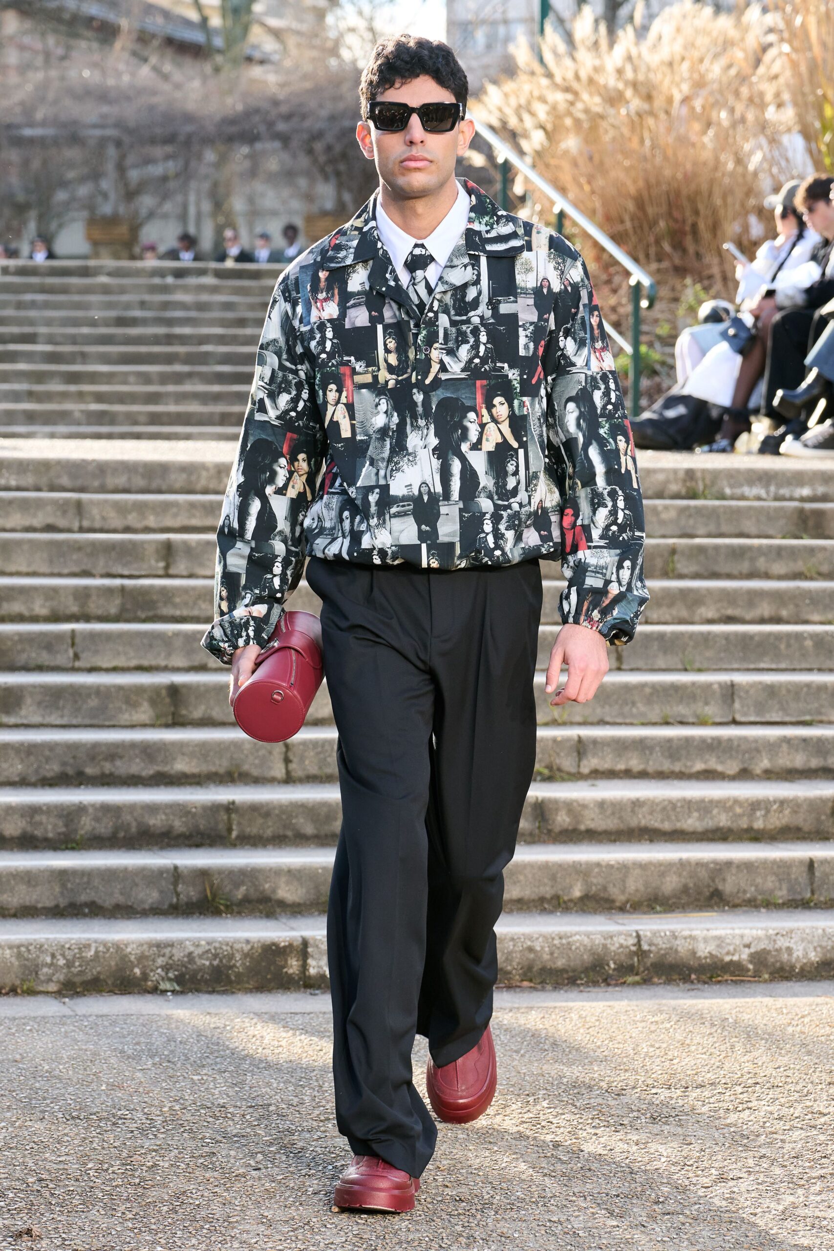 printed relaxed shirt with black pants