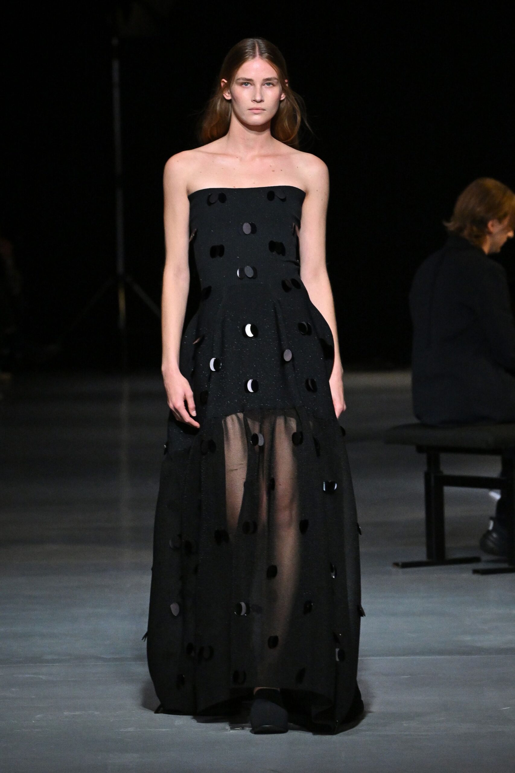 black strapless flowing gown