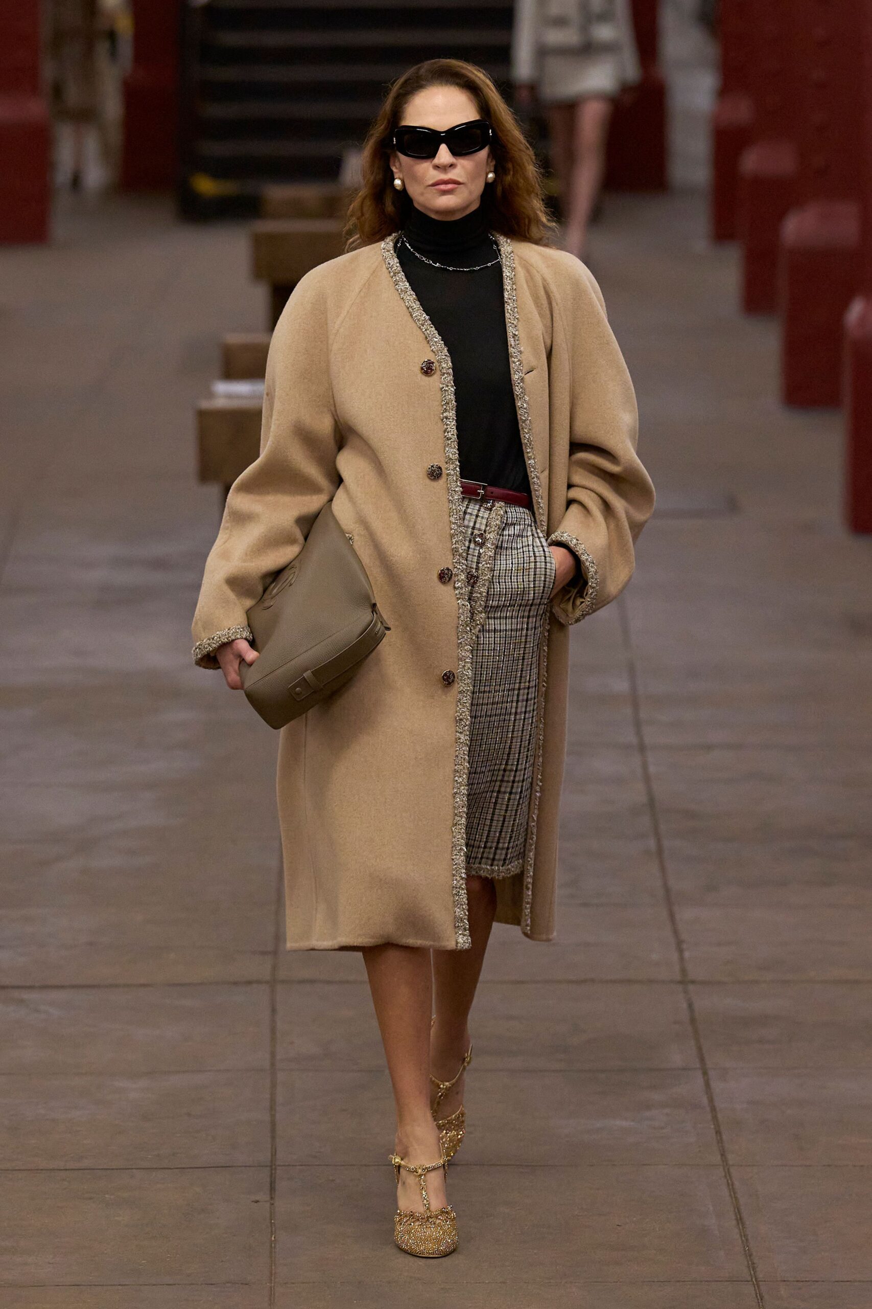 beige wool long-sleeve collared relaxed buttoned midi coat