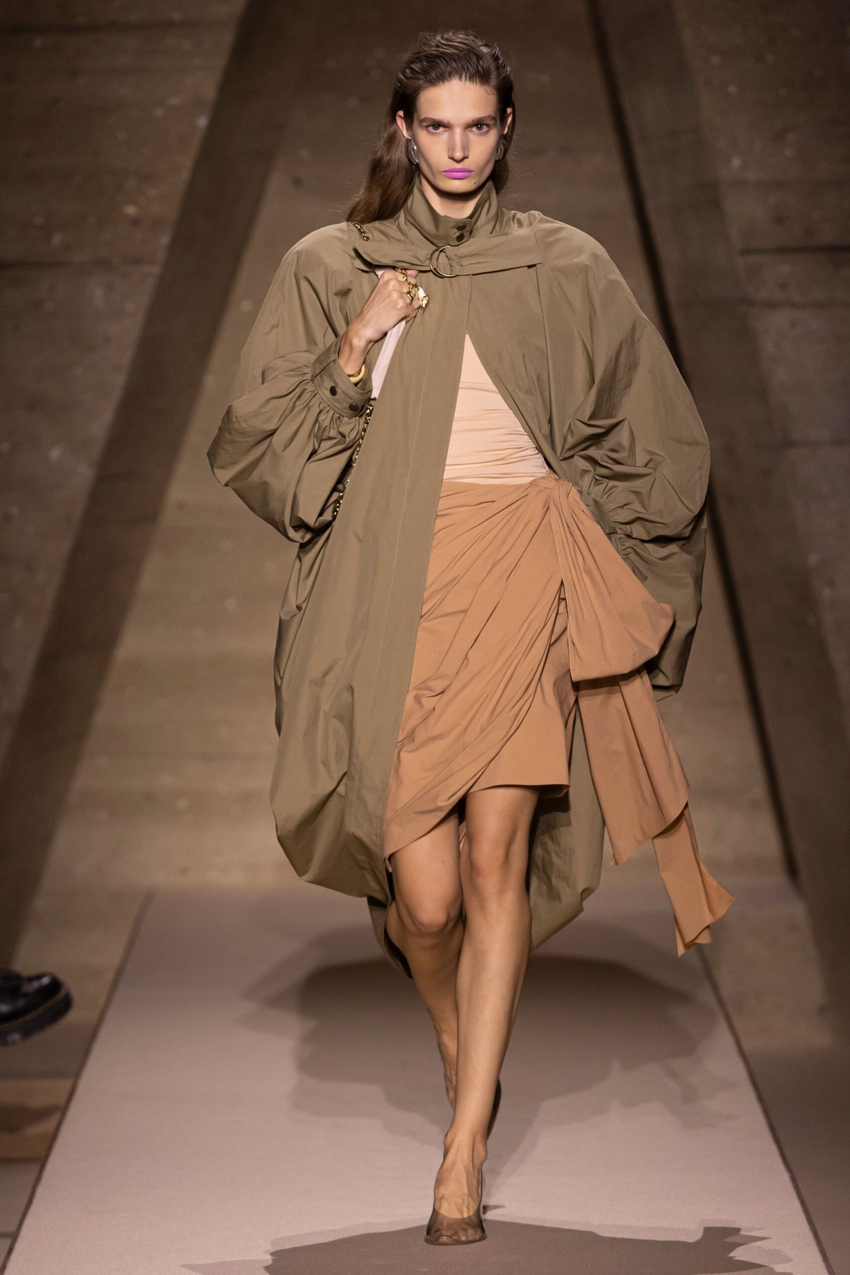 beige cotton long-sleeve collared oversized draped coat