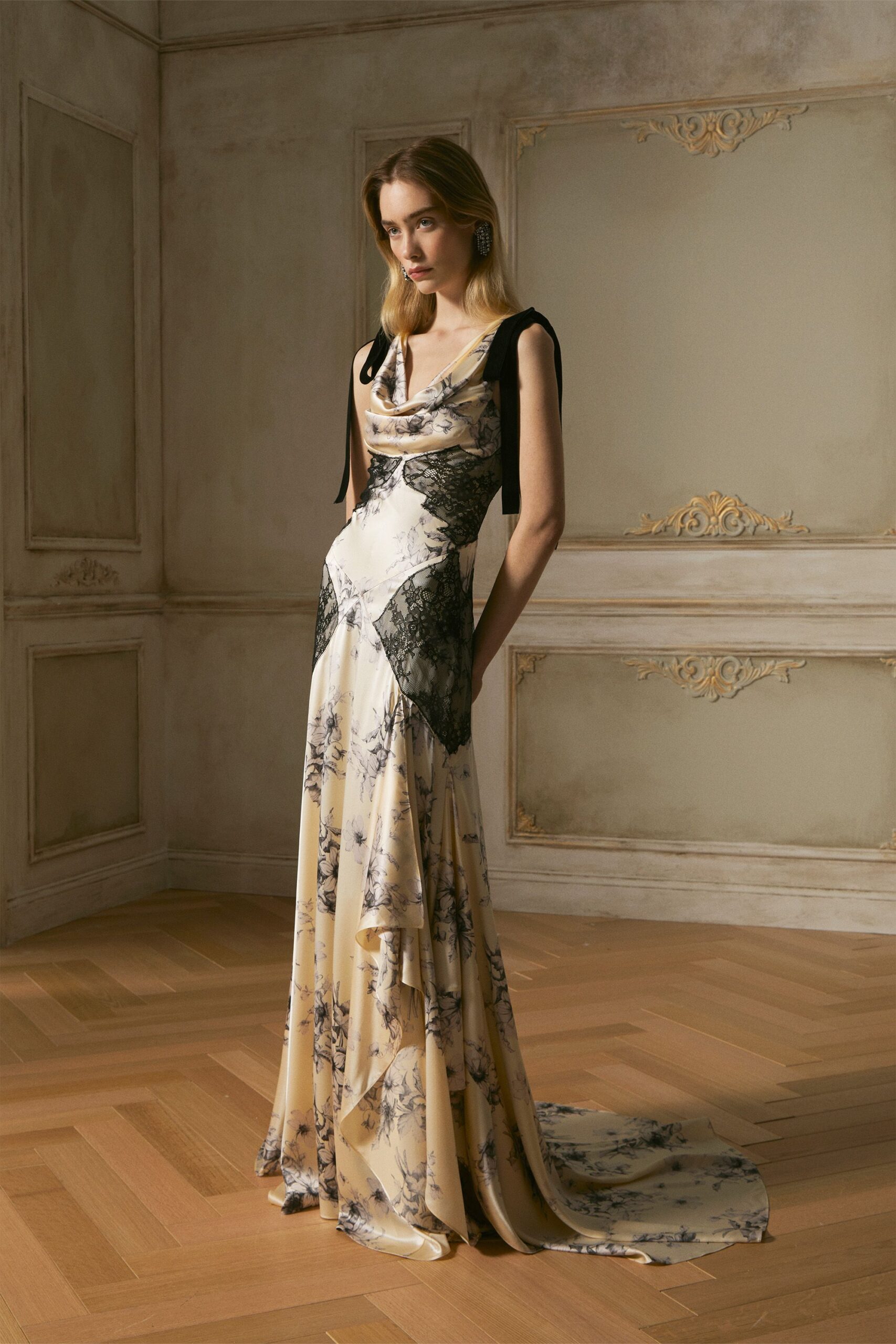 beige floral silk gown