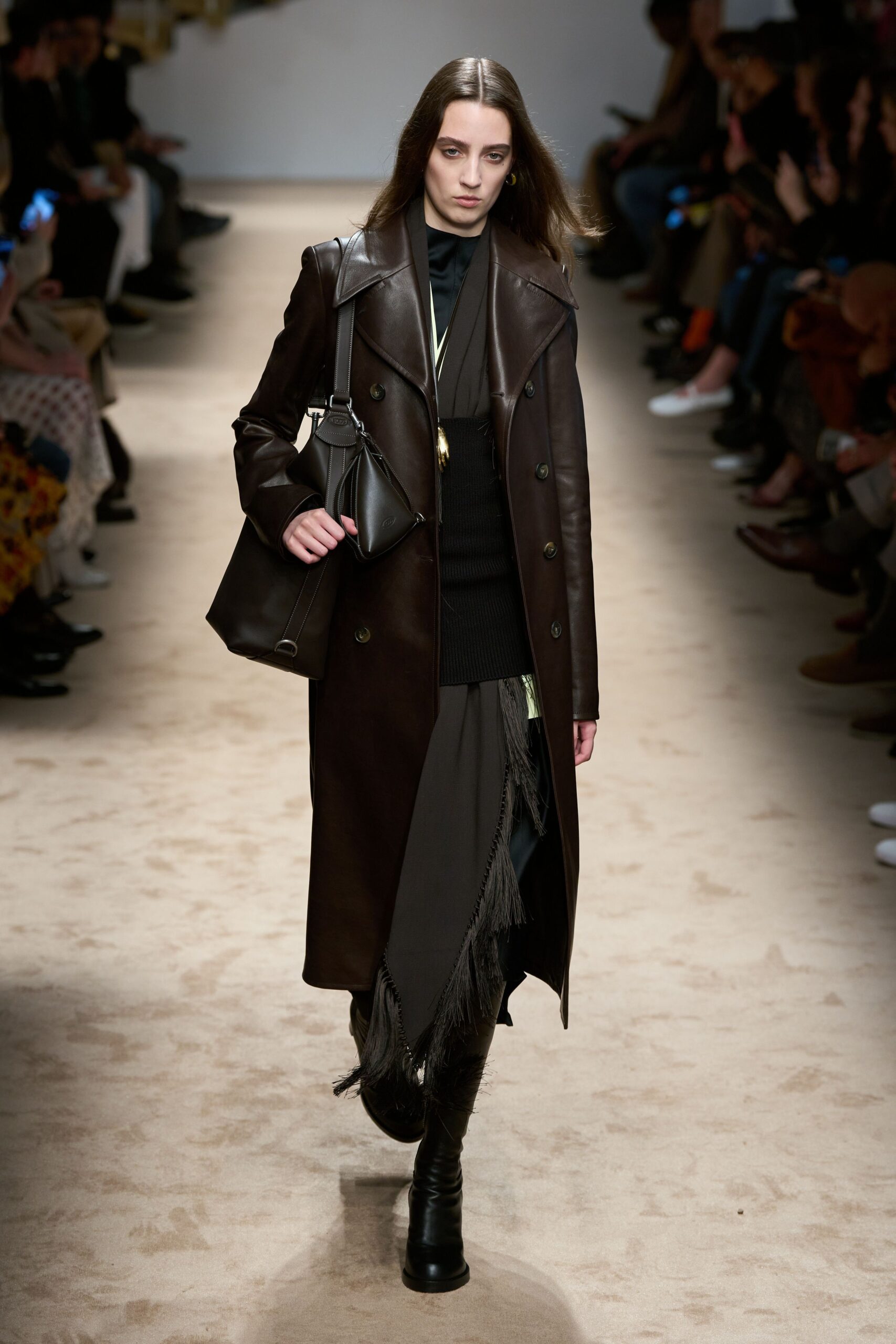 brown leather long-sleeve collared fitted belted maxi coat