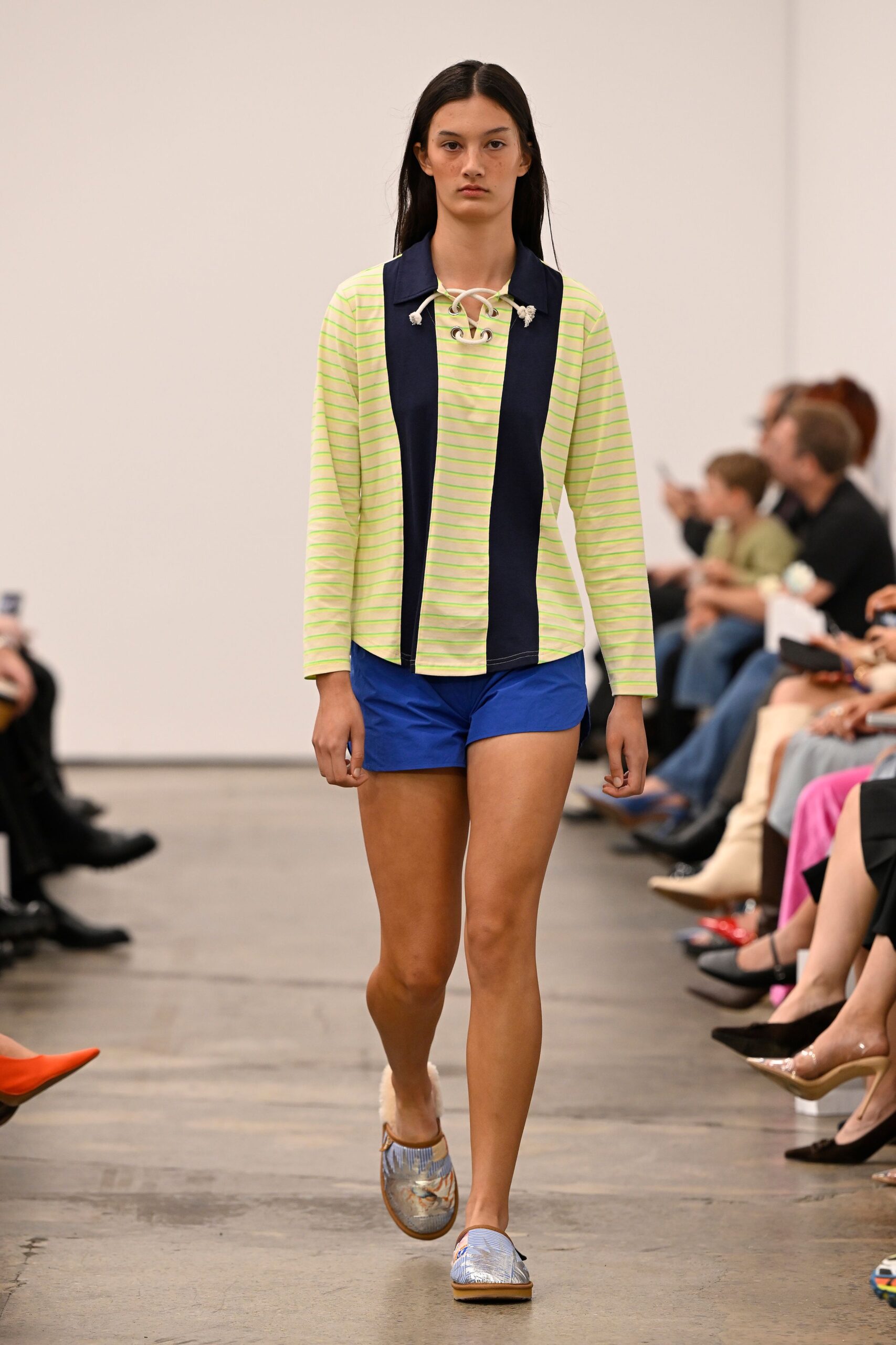 yellow striped top with blue shorts