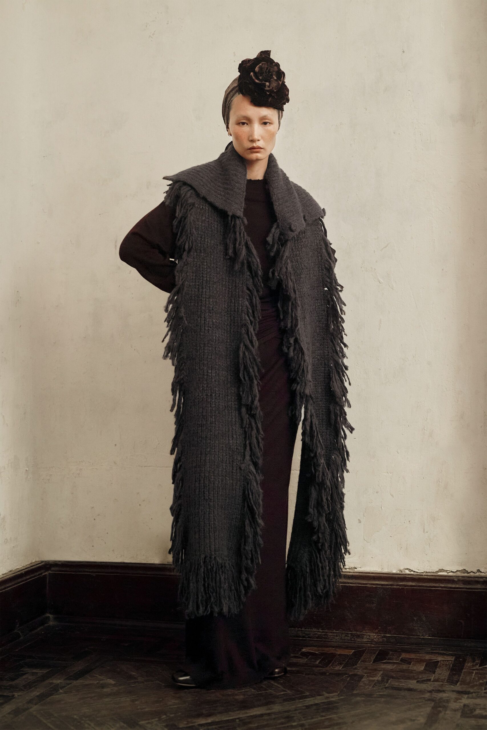 black wool long-sleeve high-neck fitted straight-leg maxi dress