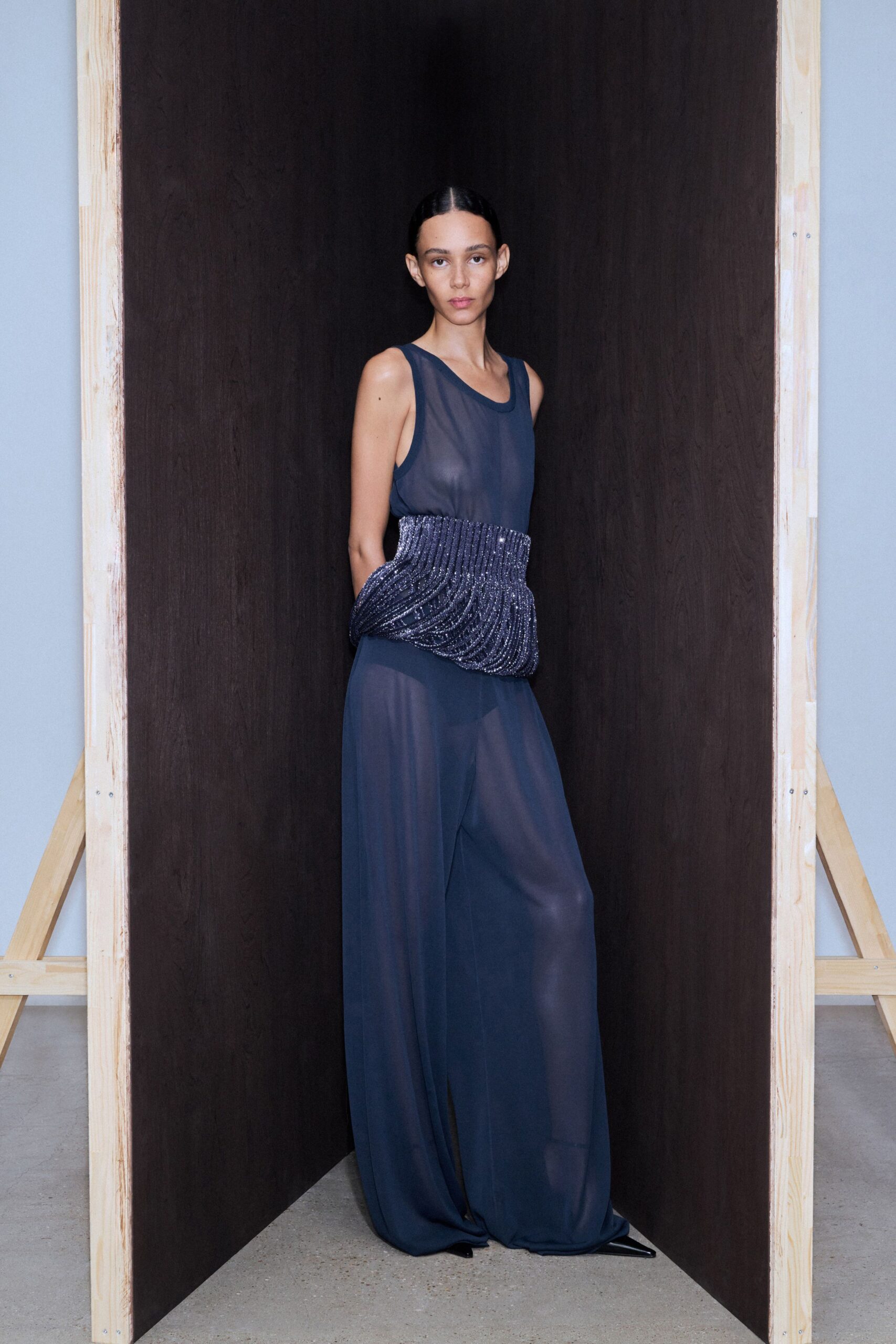 blue silk sleeveless v-neck relaxed pleated sheer jumpsuit