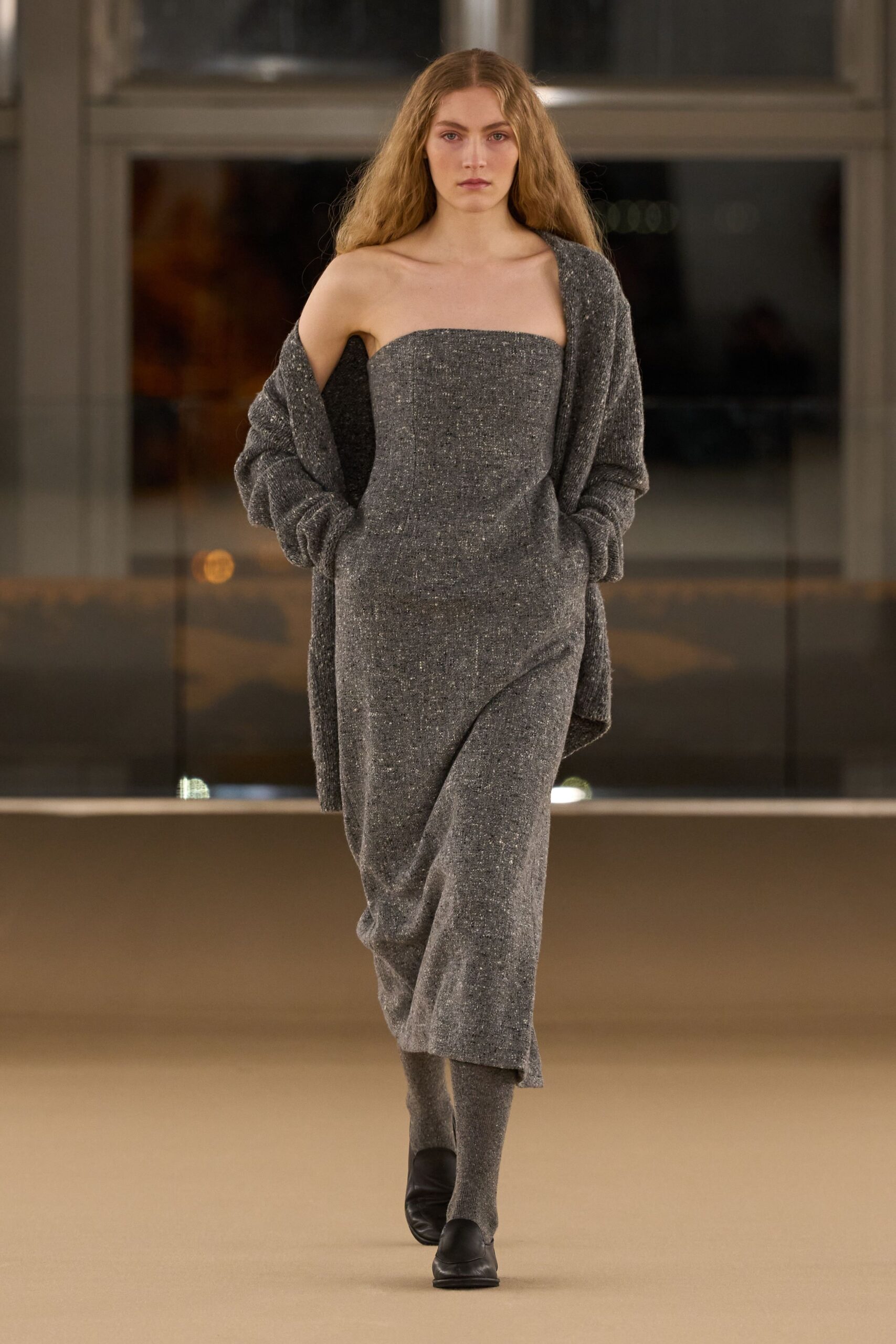 gray wool sleeveless fitted straight-leg layered maxi dress