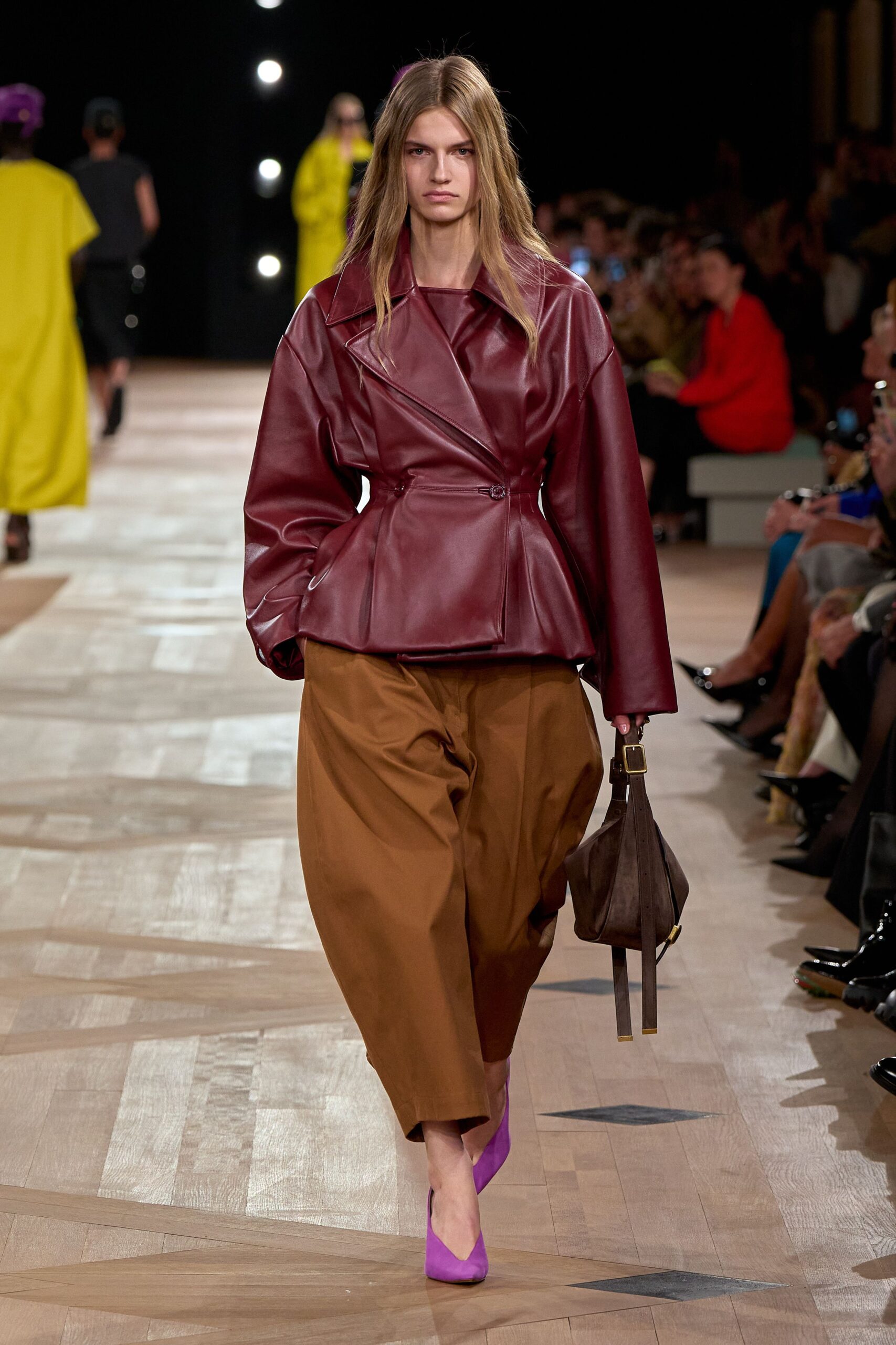 maroon leather long-sleeve collared fitted zippered jacket