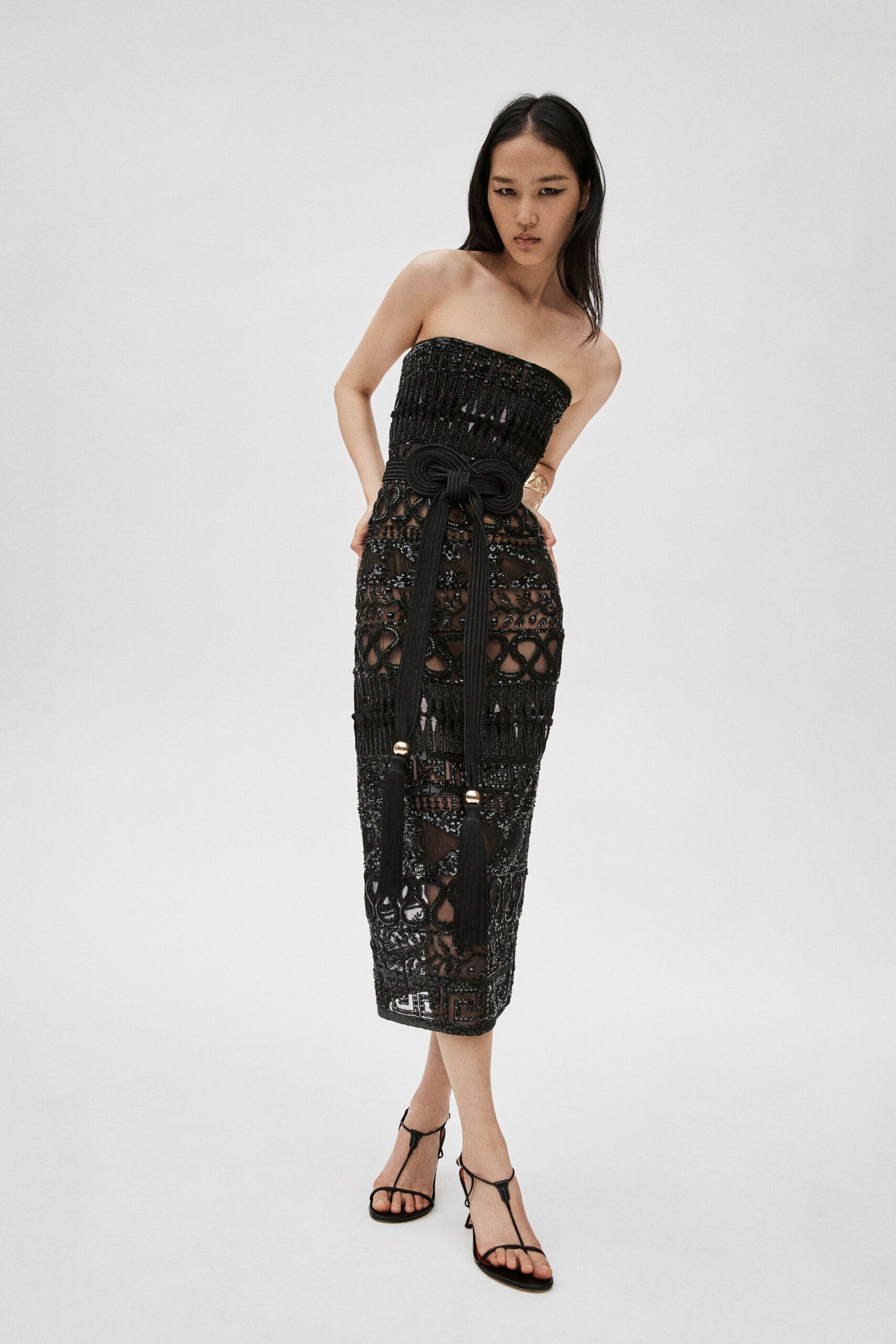 black lace strapless fitted embroidered tiered midi dress