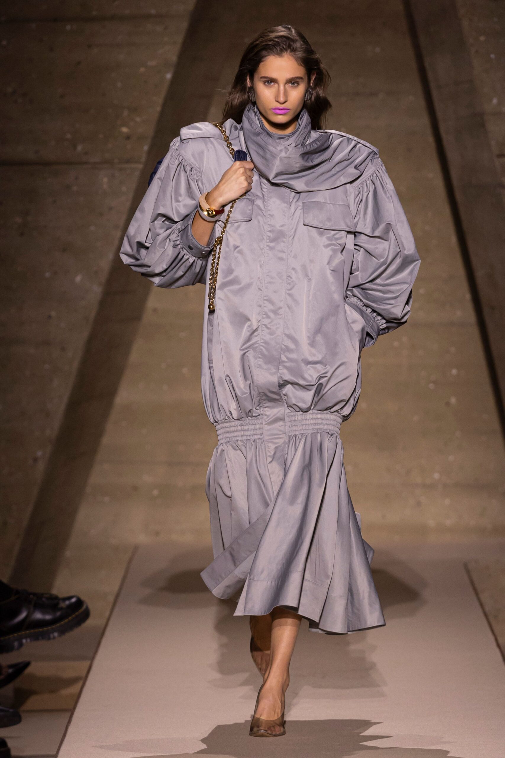 gray cotton long-sleeve high-neck relaxed pleated zippered dress