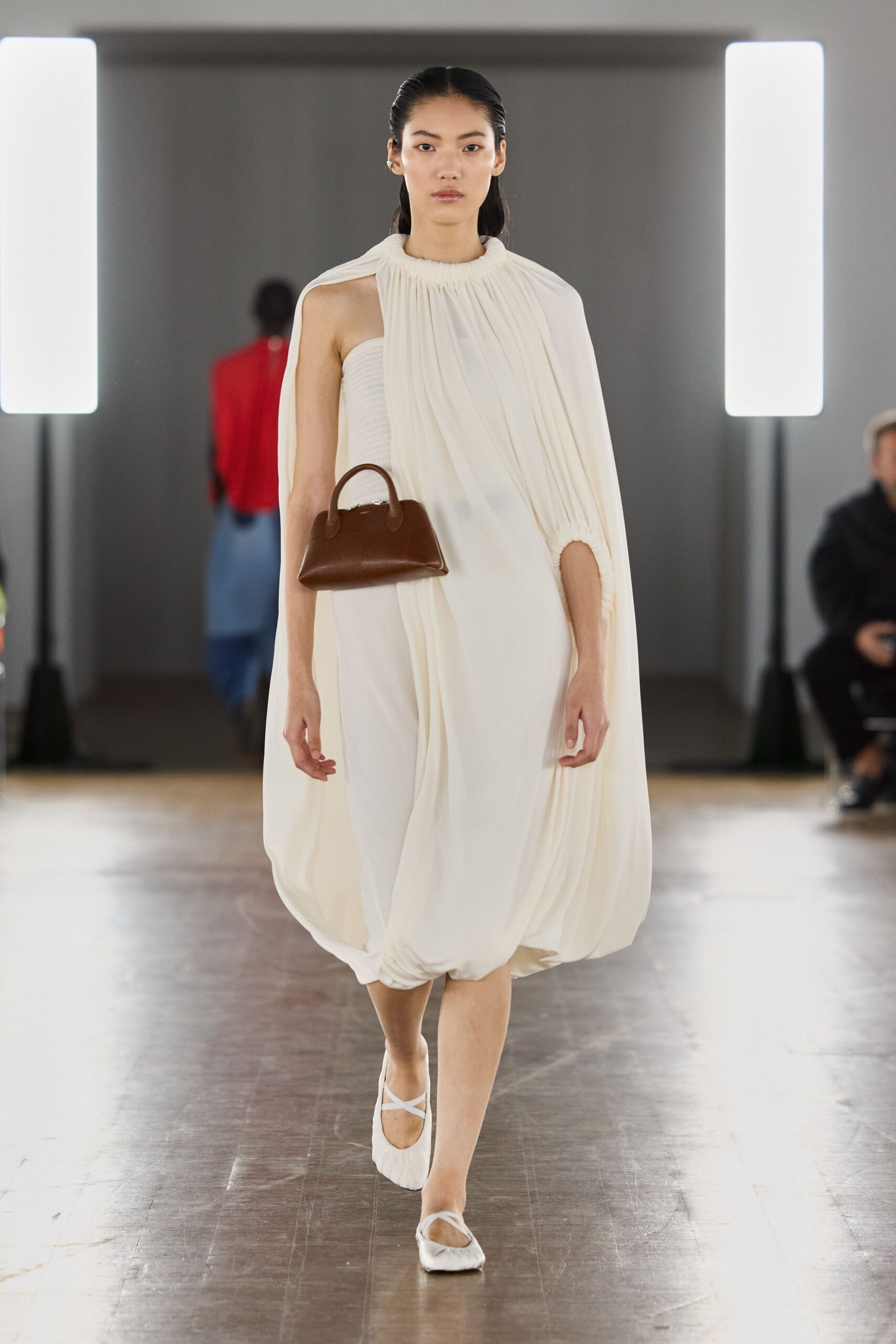 white draped midi dress