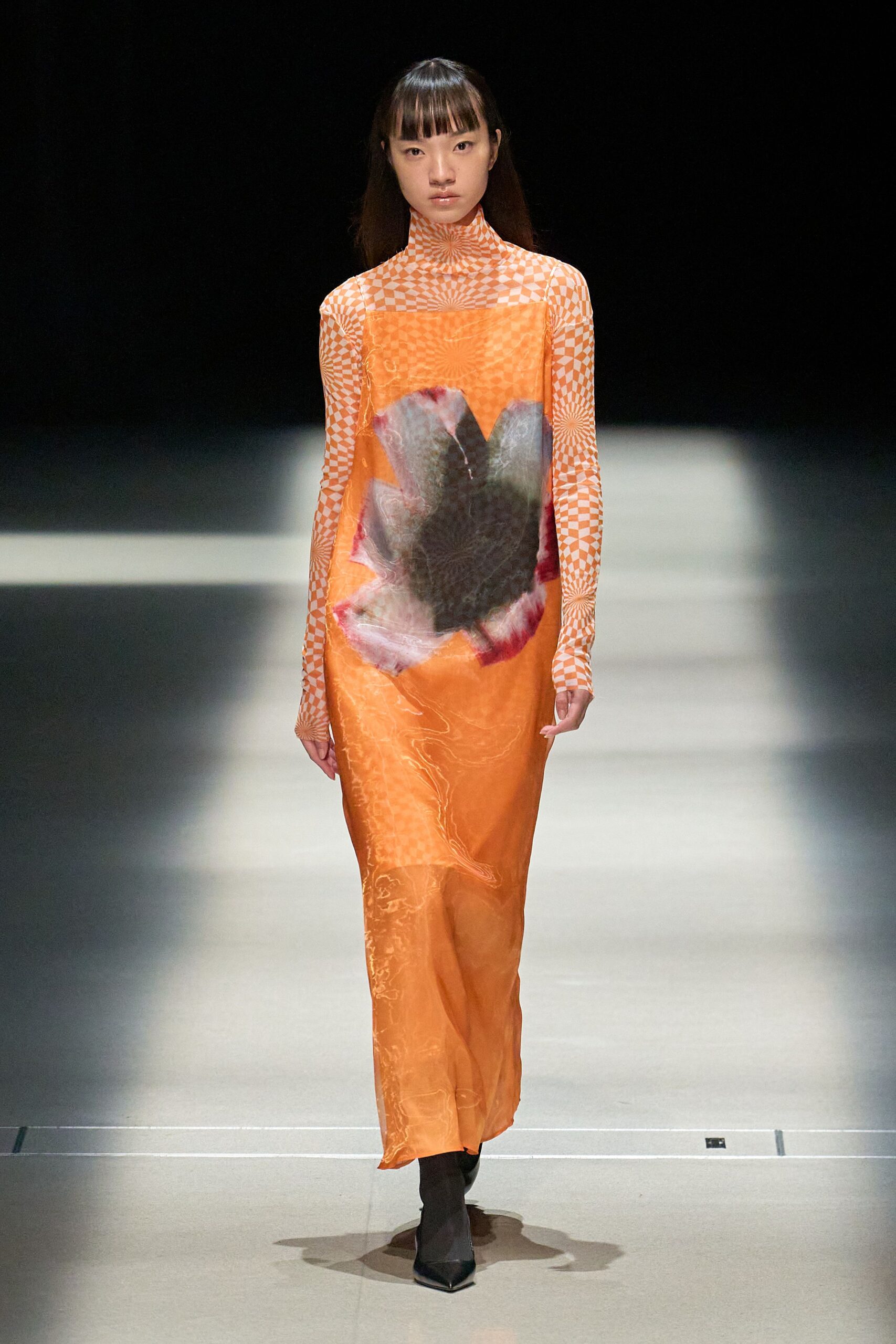 orange silk long-sleeve high-neck fitted floral layered dress