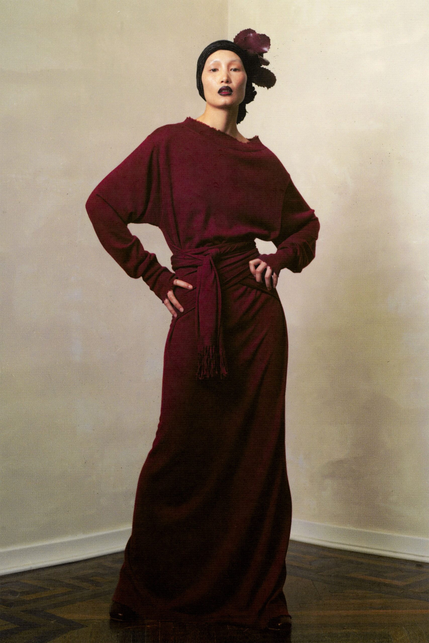 maroon wool long-sleeve high-neck fitted draped maxi gown