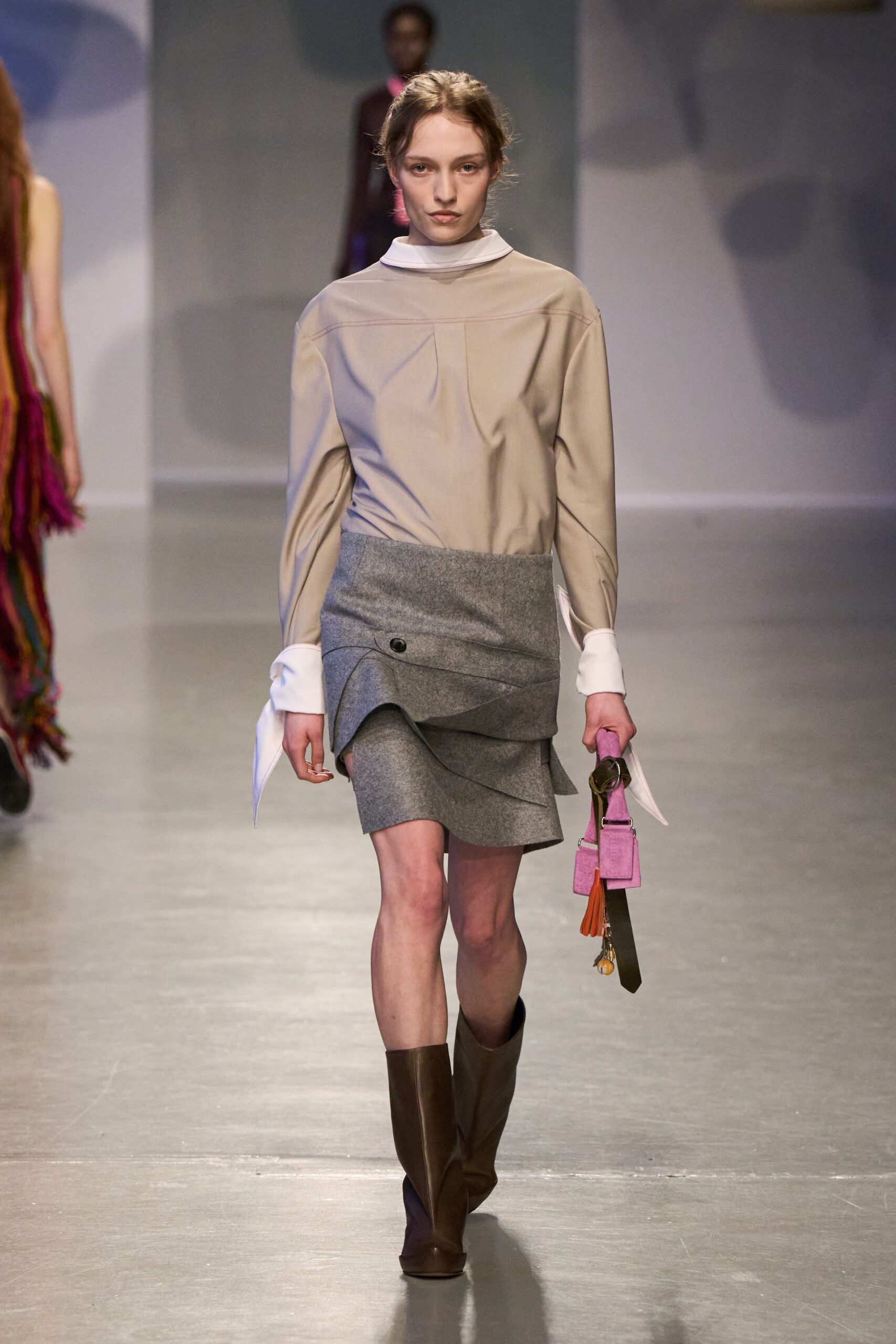 gray wool asymmetric fitted skirt