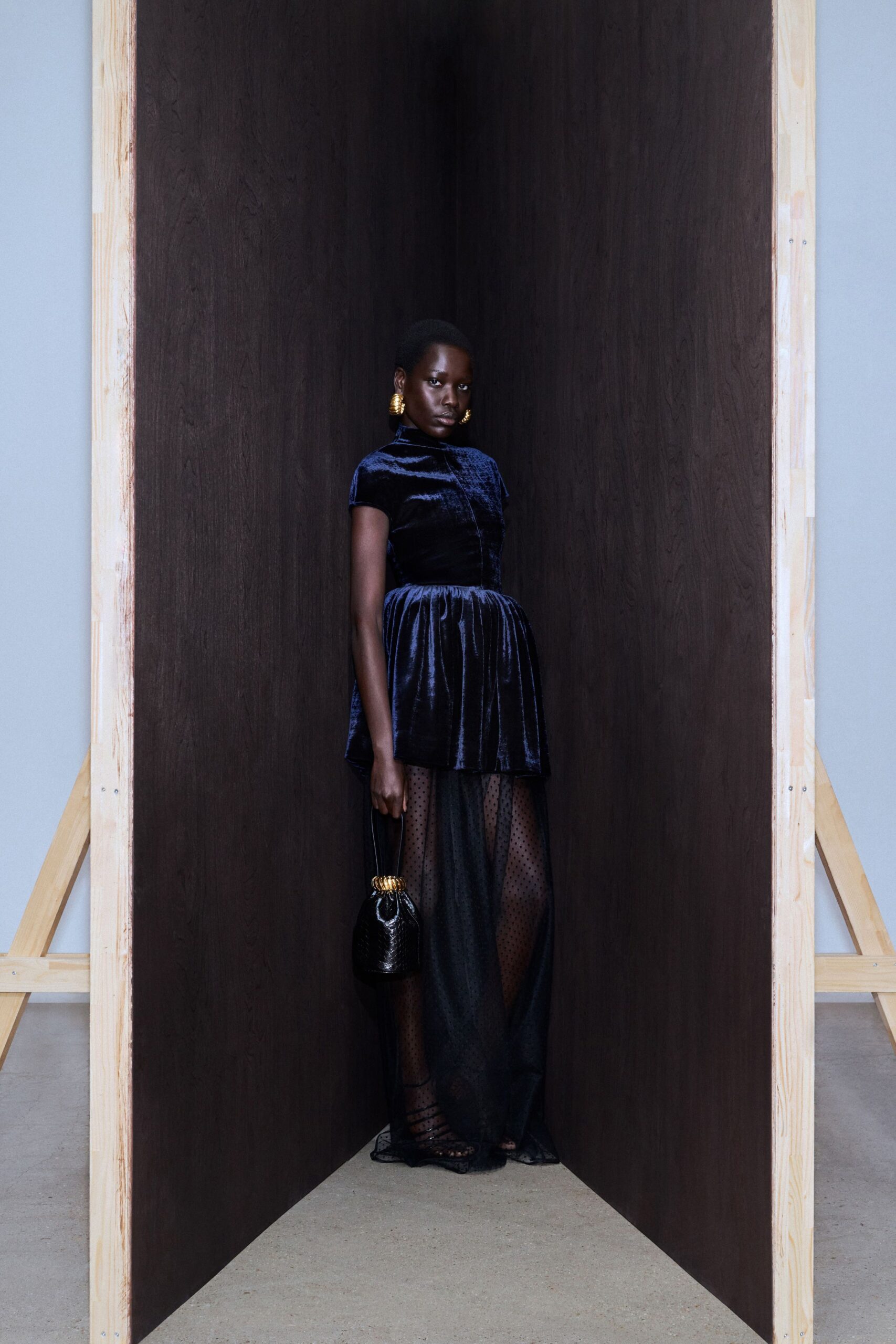 black velvet short-sleeve high-neck fitted pleated layered dress