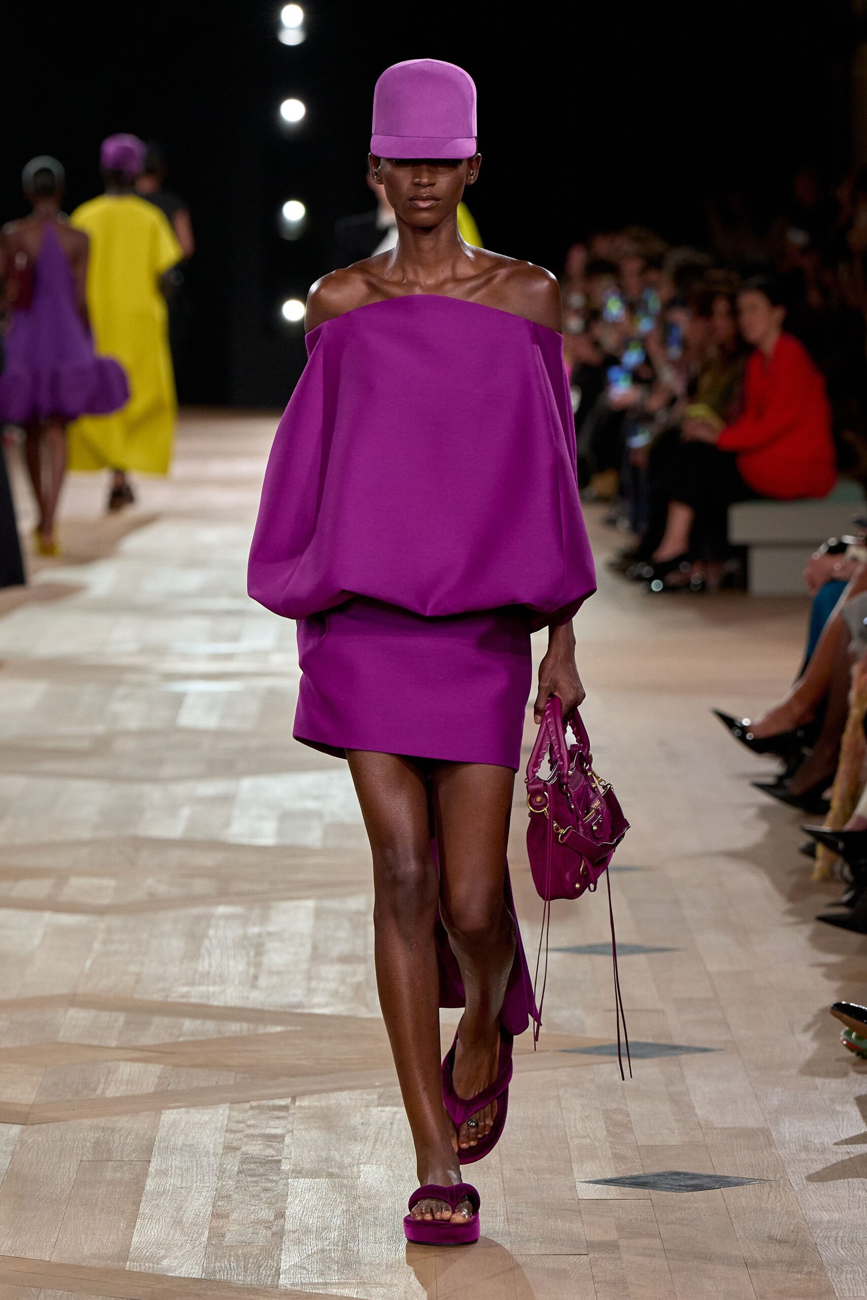 purple off-shoulder mini dress