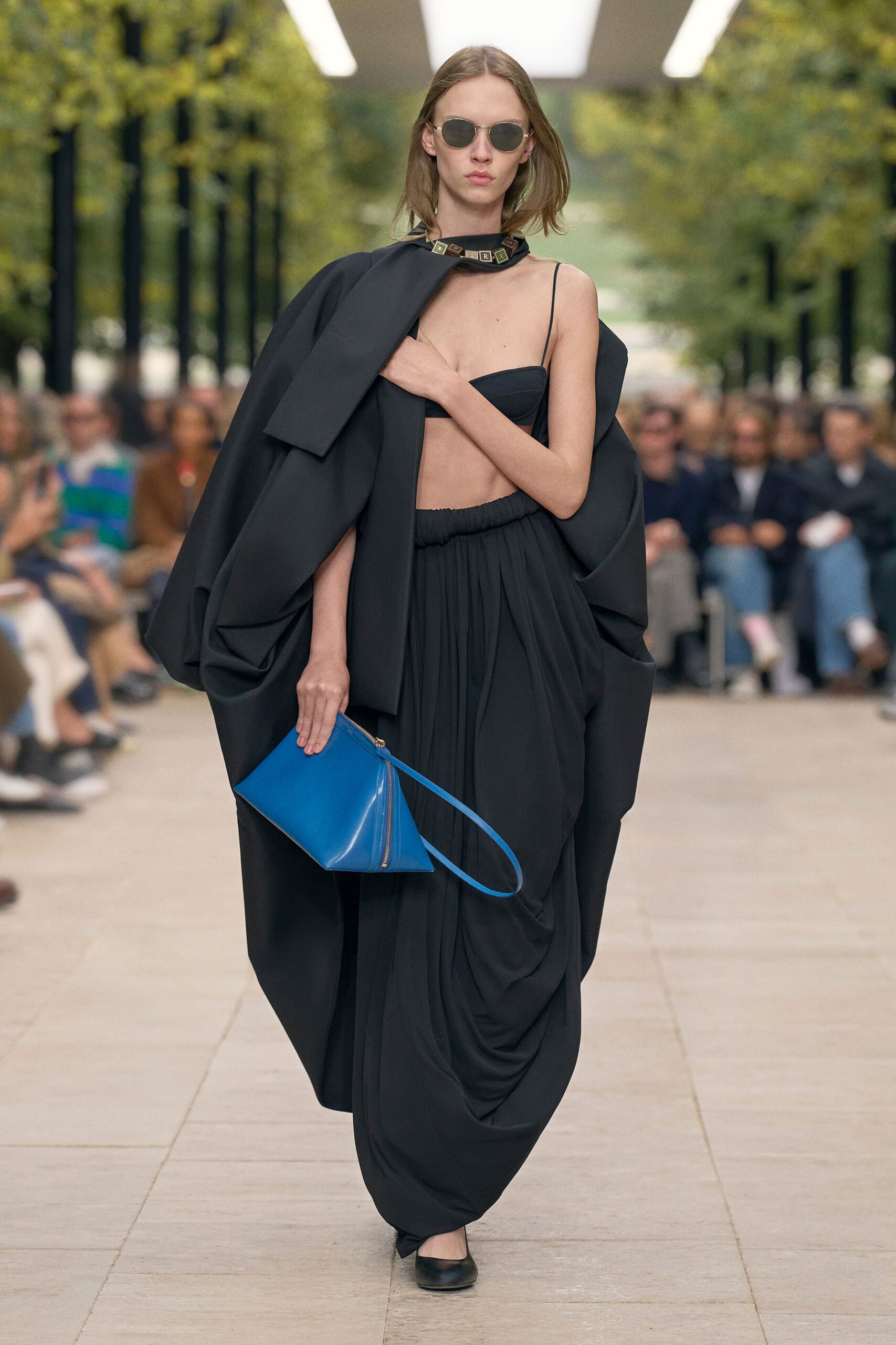 black silk top and skirt with cape