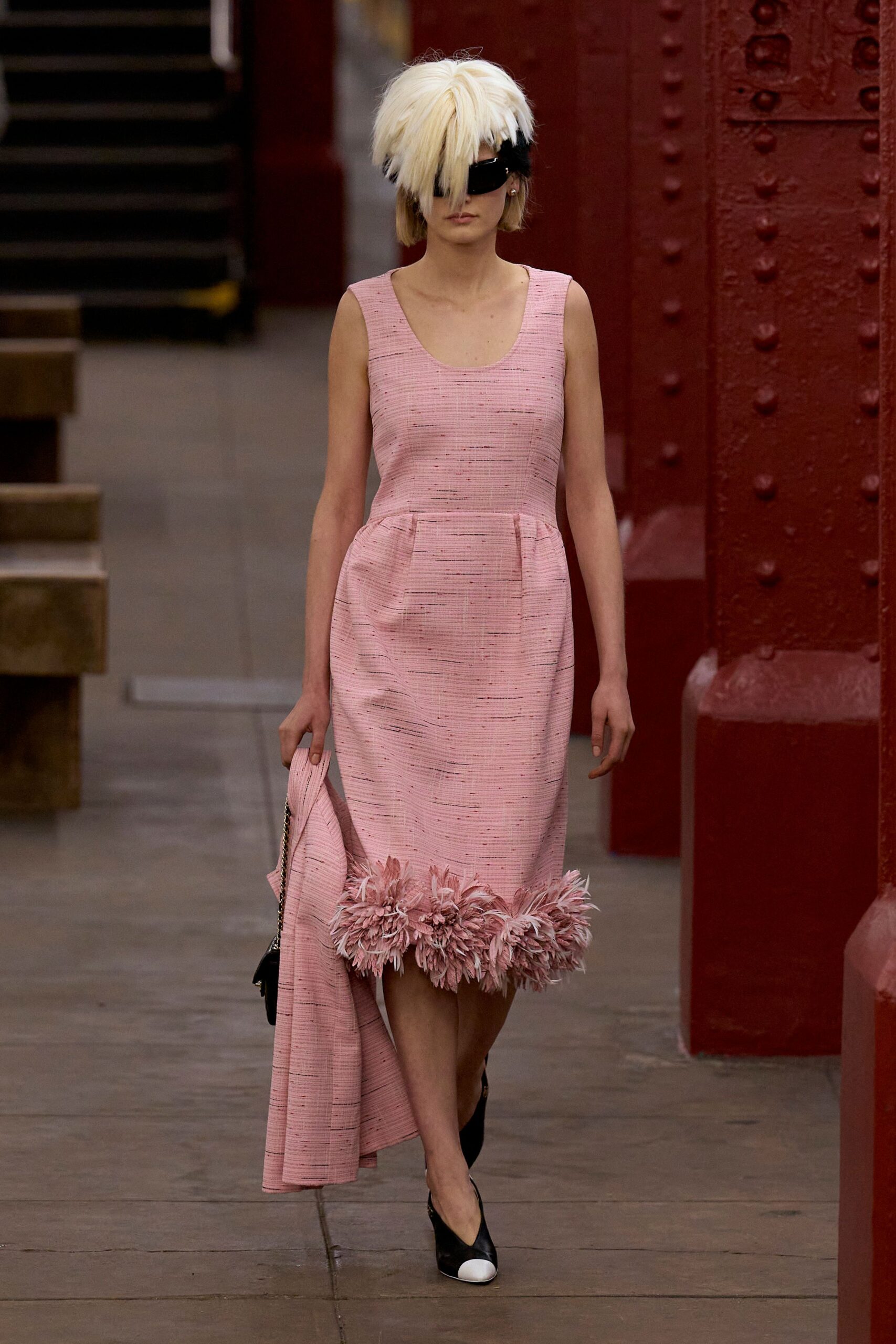 pink cotton sleeveless scoop-neck fitted tiered ruffled dress