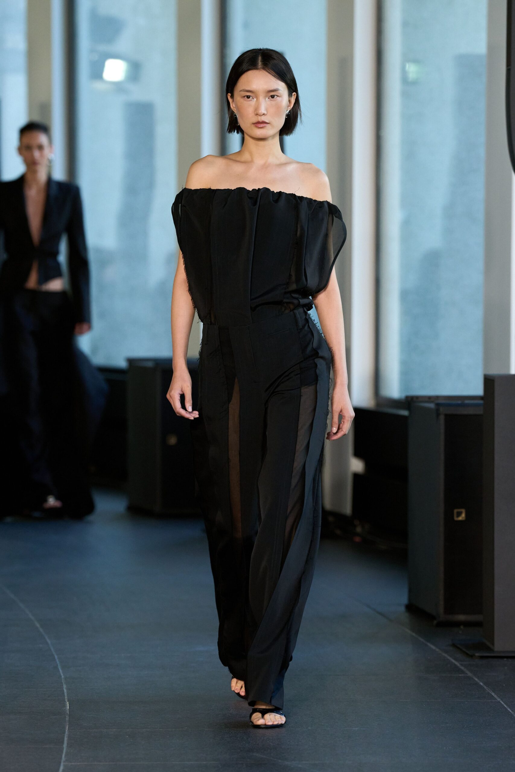 black silk sleeveless off-shoulder fitted zippered jumpsuit
