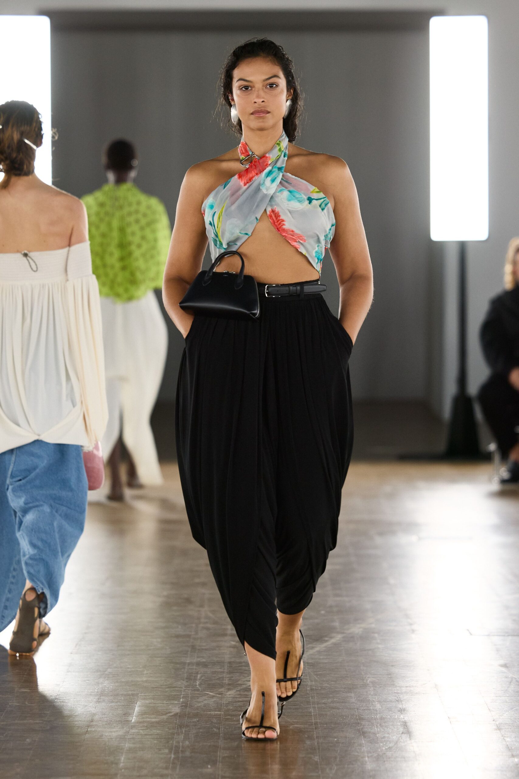 blue silk sleeveless halter fitted floral top