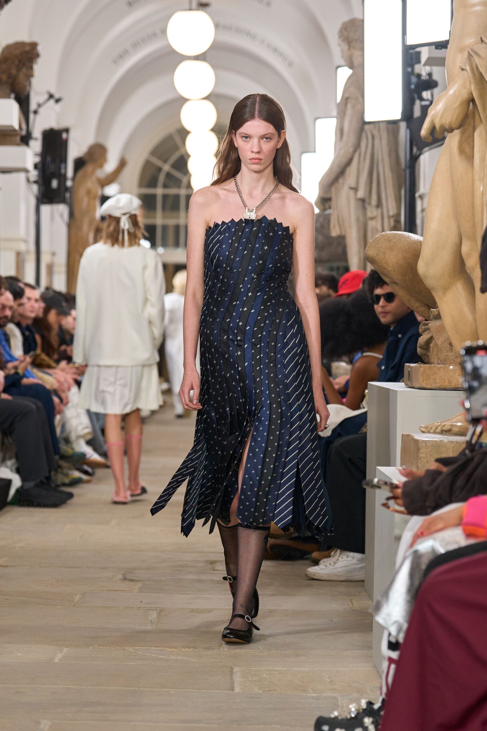 blue black pleated midi dress with shoes