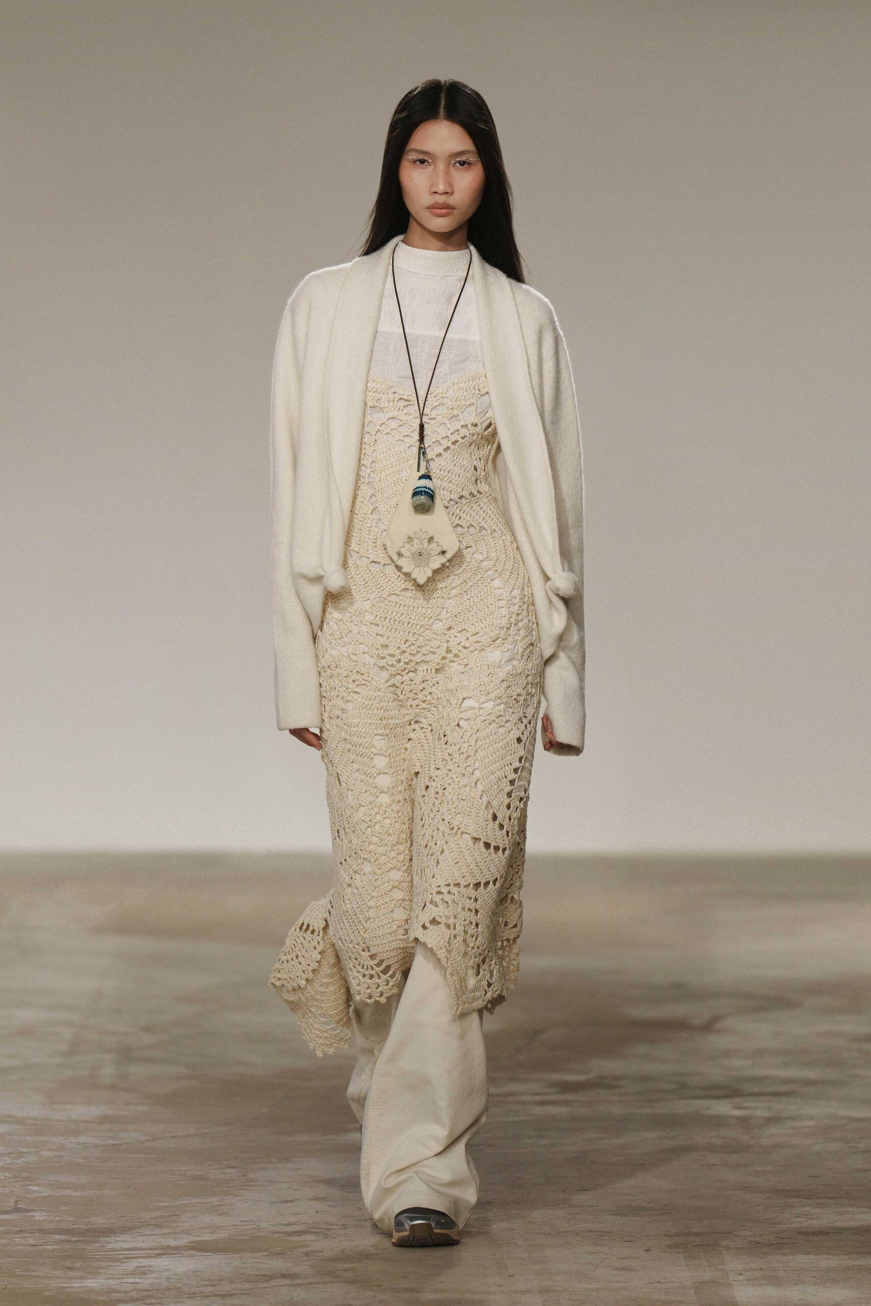 beige crochet midi dress with cardigan